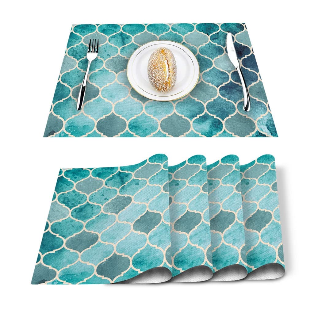 IANSHFKN 4/6pcs Set Table Mats Moroccan Green Geometric Printed Napkin Kitchen Accessories Home Party Decorative Placemats