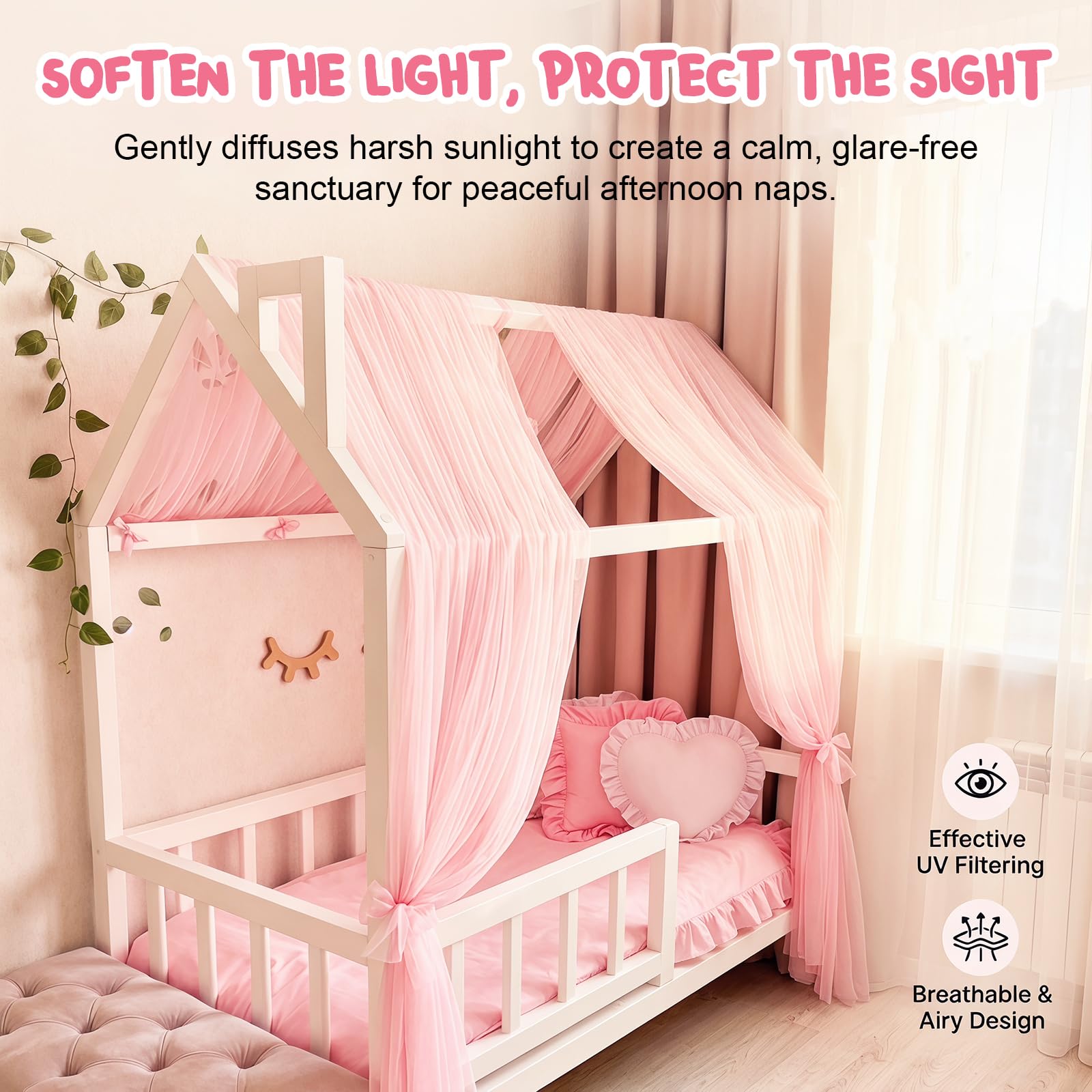 CEWROM Set di 2 tende a baldacchino per letto a baldacchino in tulle, decorazione e baldacchino per lettino, per bambine e ragazzi, 150 x 350 cm (rosa)
