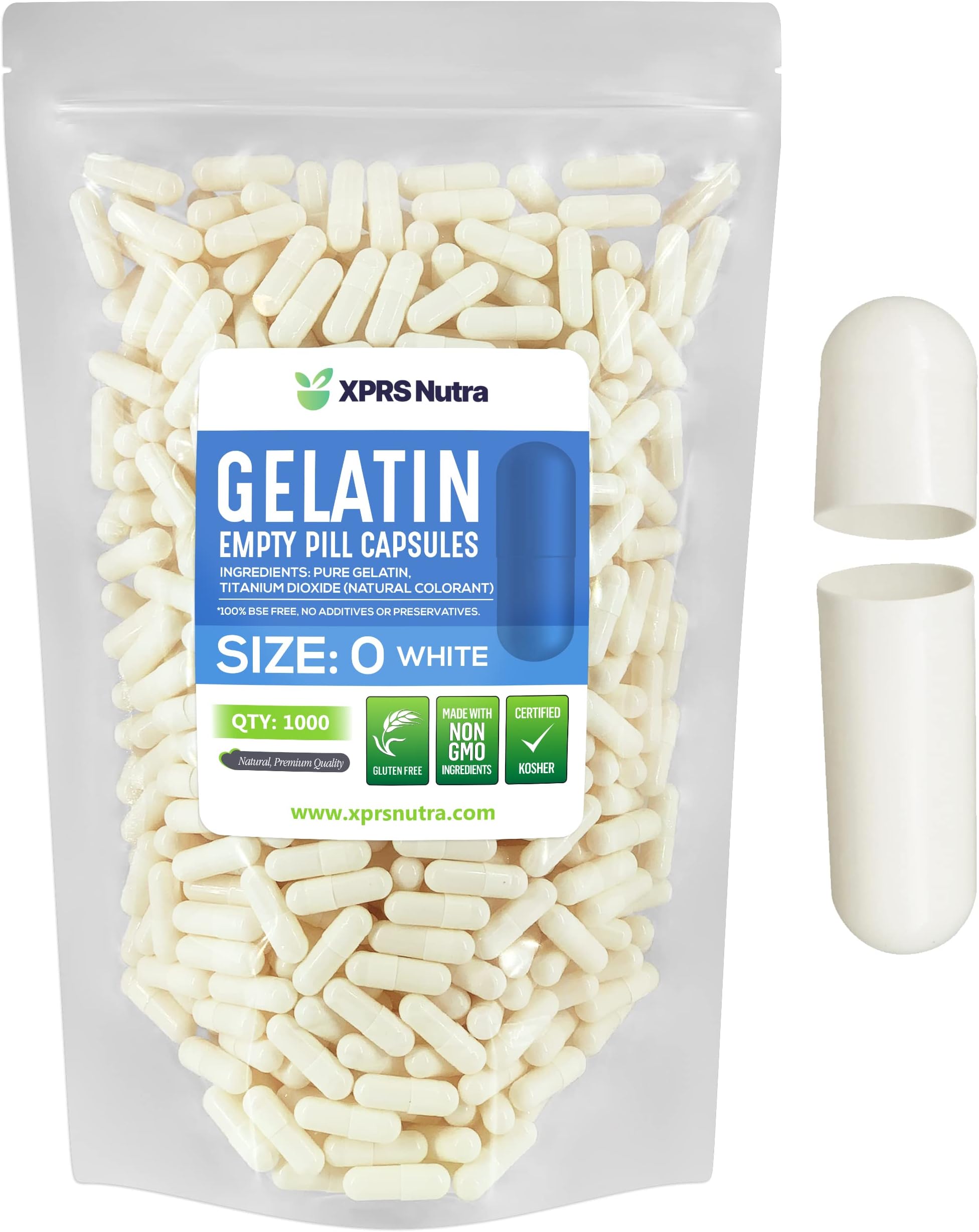 XPRS Nutra Size 0 Empty Capsules - 1000 Count Empty Gelatin Capsules - Pills DIY Capsule Filling - Pure Bovine Pill Gel Caps for Do-It-Yourself Supplements (White)