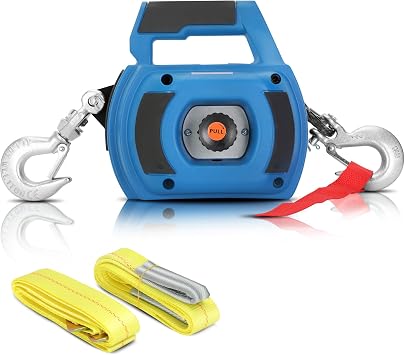 Portable Drill Winch of 1500 LB, Blue Handheld Drill Winch with 40 Foot Synthetic Rope, Rotate The Hook 360 Degrees, for Lifting & Dragging Down Strap with D Rings