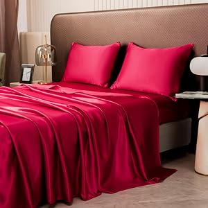 Satin Bed Sheets Set, Hotel Luxury Bed Sheets - Extra Soft - Deep Pockets - Easy Fit - Breathable & Cooling - Wrinkle Free - Comfy (Burgundy, Queen)