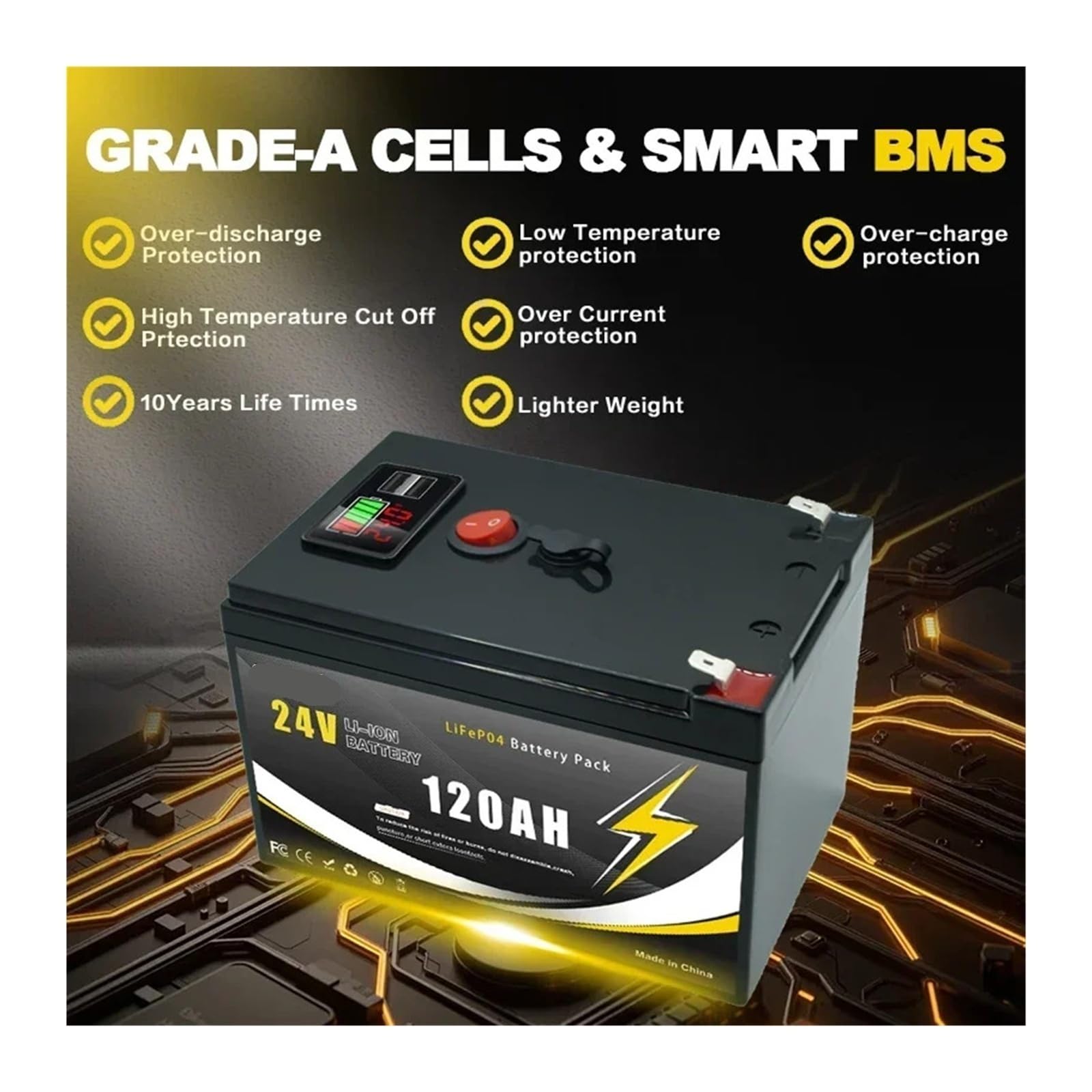 Batteria Ricaricabile Al Litio 24V 120Ah LiFePO4 Profonda 4000+ Cicli for Illuminazione, Ruote Motrici, Energia Solare/eolica, Piccoli UPS