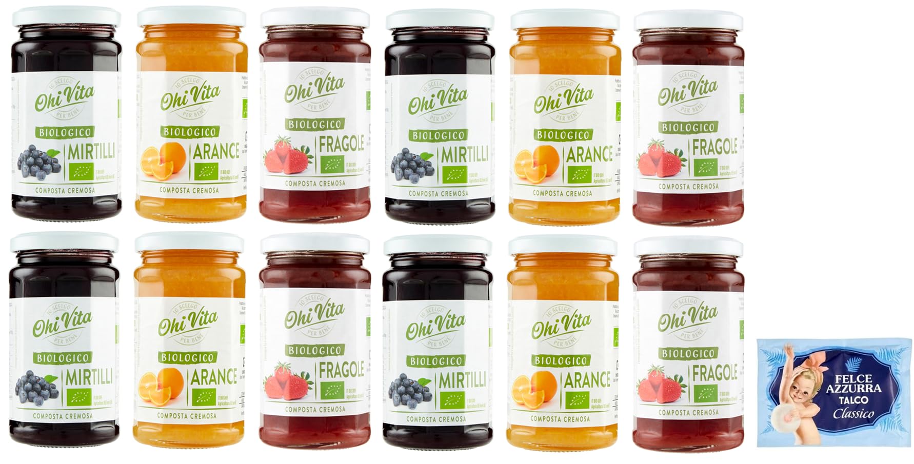 12er-Pack Testpaket Ohi Vita Marmelade Orangen - Erdbeeren - Blaubeeren,Cremiges Fruchtkompott,250g Glas + 1er-Pack Kostenlos Felce Azzurra Talkumpuder, 100g-Beutel