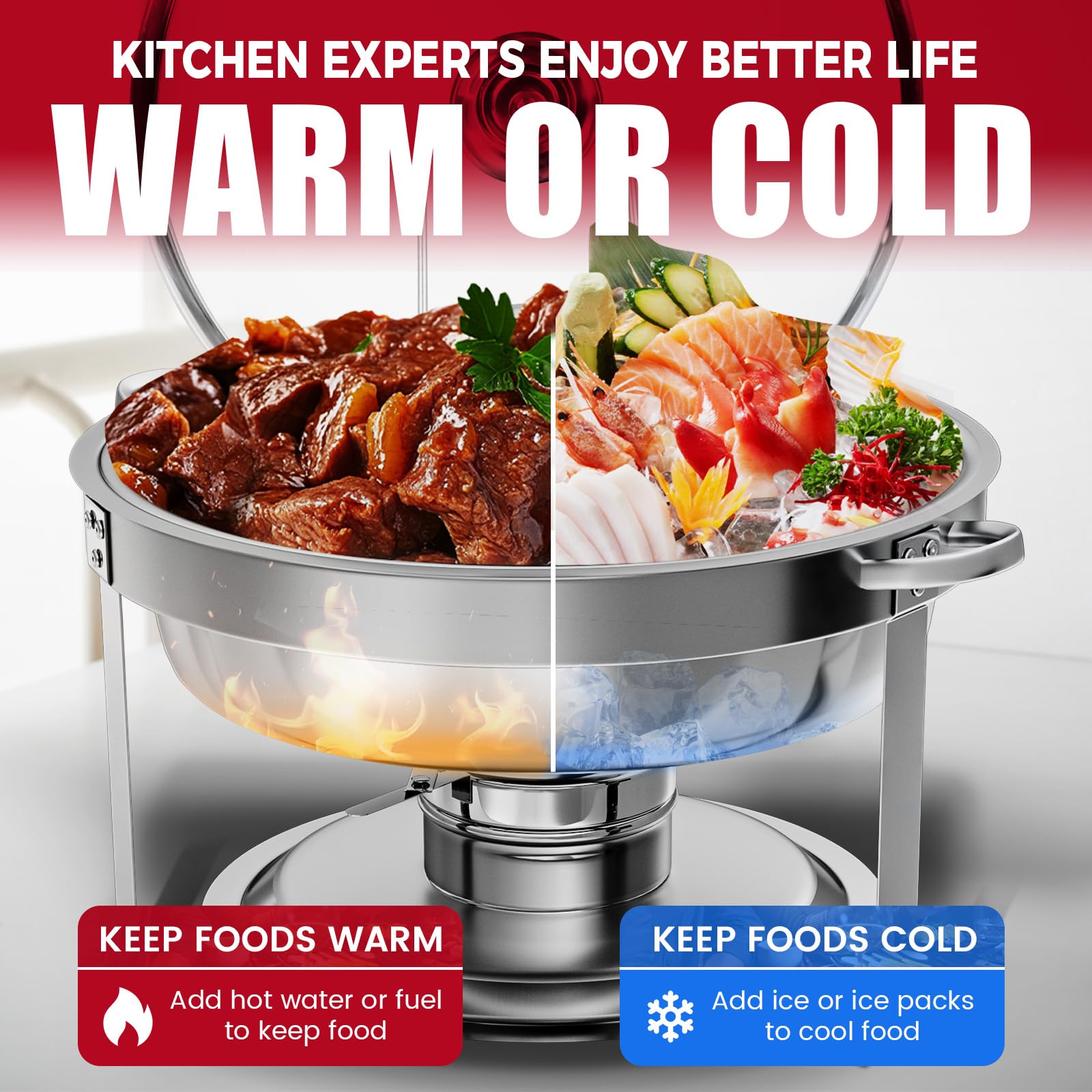 IMACONE Juego de 4 platos de roce redondos de acero inoxidable de 5 cuartos para catering, fogatas mejoradas y calentadores de buffet con tapa de vidrio y soporte, marco, soporte de combustible para