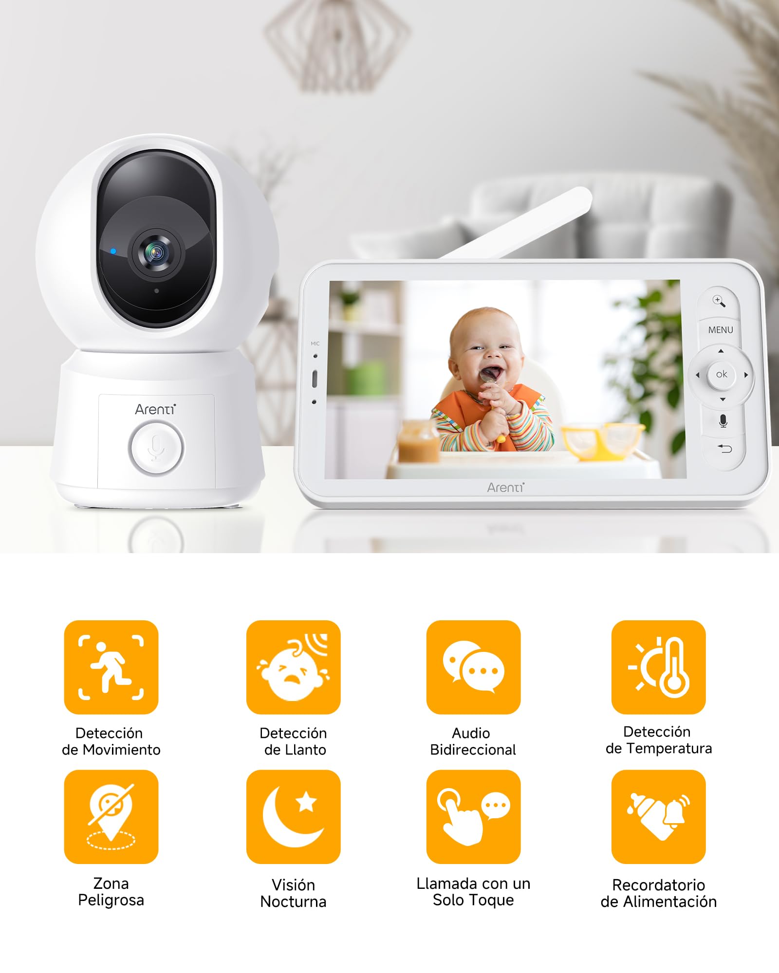 ARENTI cámara Bebe vigilancia 1080P con 5" Monitor, Vigilabebes con Camara, Detección de Movimiento y Sonido, Alarma de Área, Visión Nocturna, Modo VOX, Sensor Temperatura, Audio Bidireccional