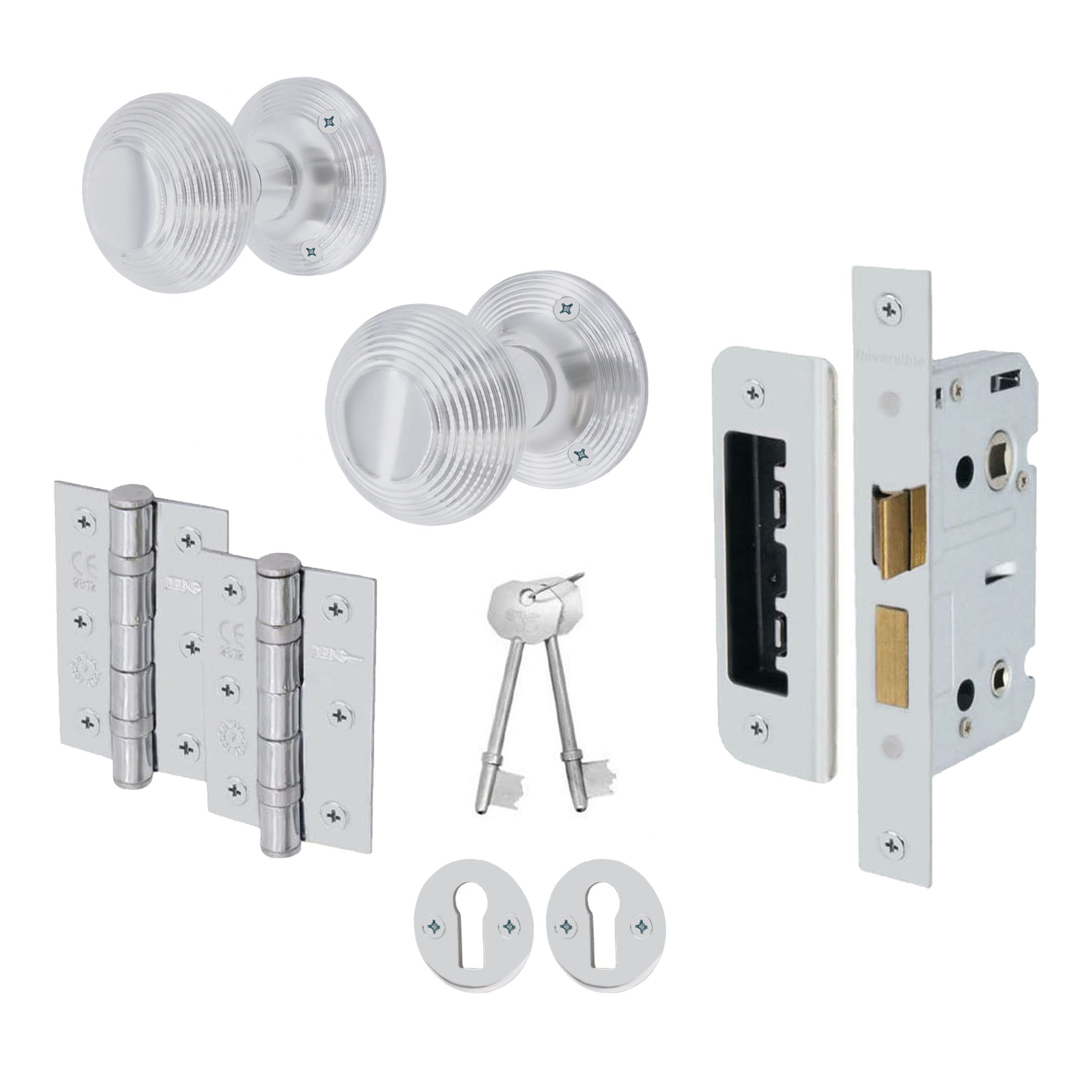 Eai Polished Chrome Beehive Key Lock Door Knob Set | 1 Pair Of Reeded Mortice Knobs (55Mm), Sash Lock (80Mm) & Hinges (76Mm) For Internal Doors