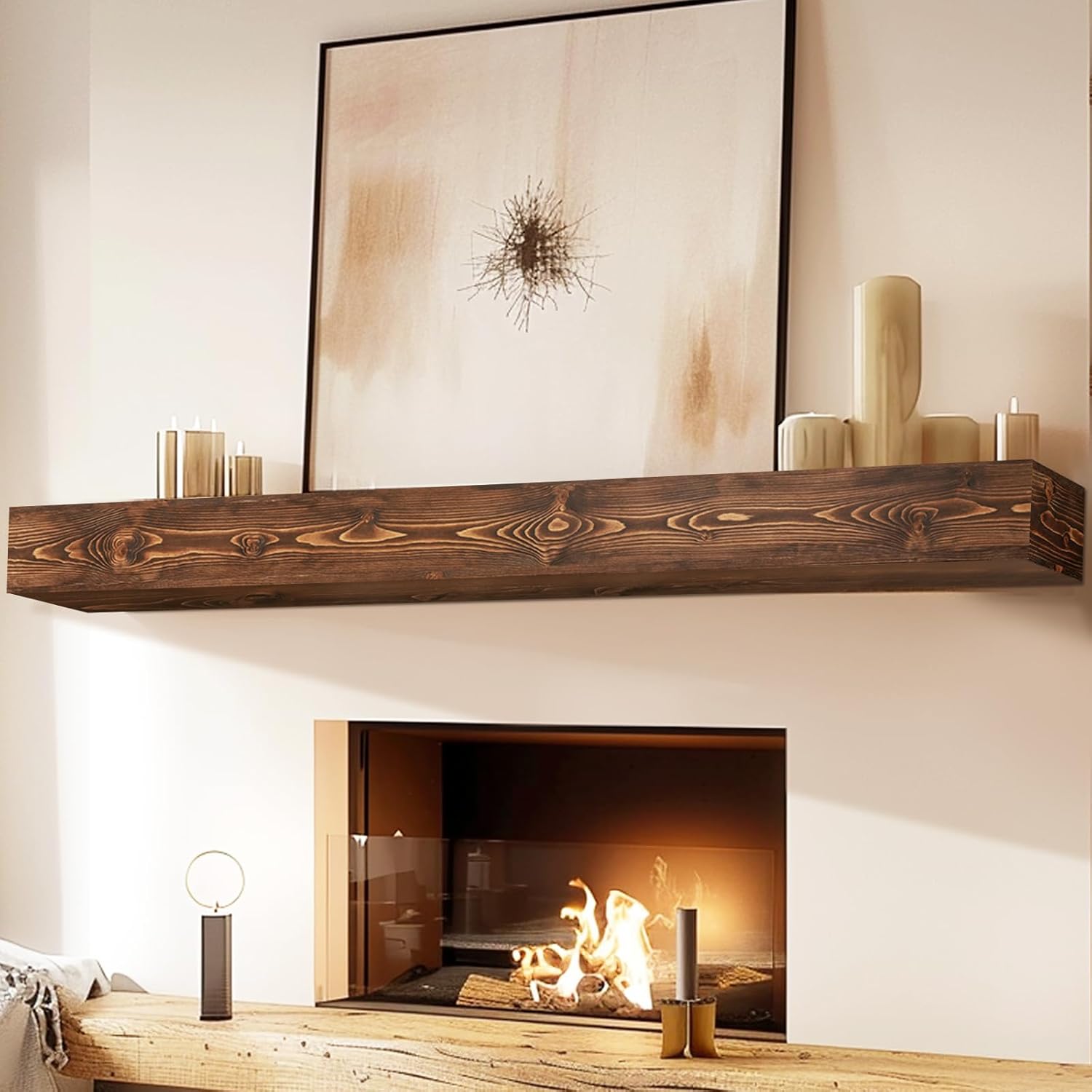 72" Fireplace Mantel, 5'' Thick Handmade Hollow Solid Wood Wall Long Floating Shelf with Invisible Wood Brackets, Brown 72x5x8-hollow Brown
