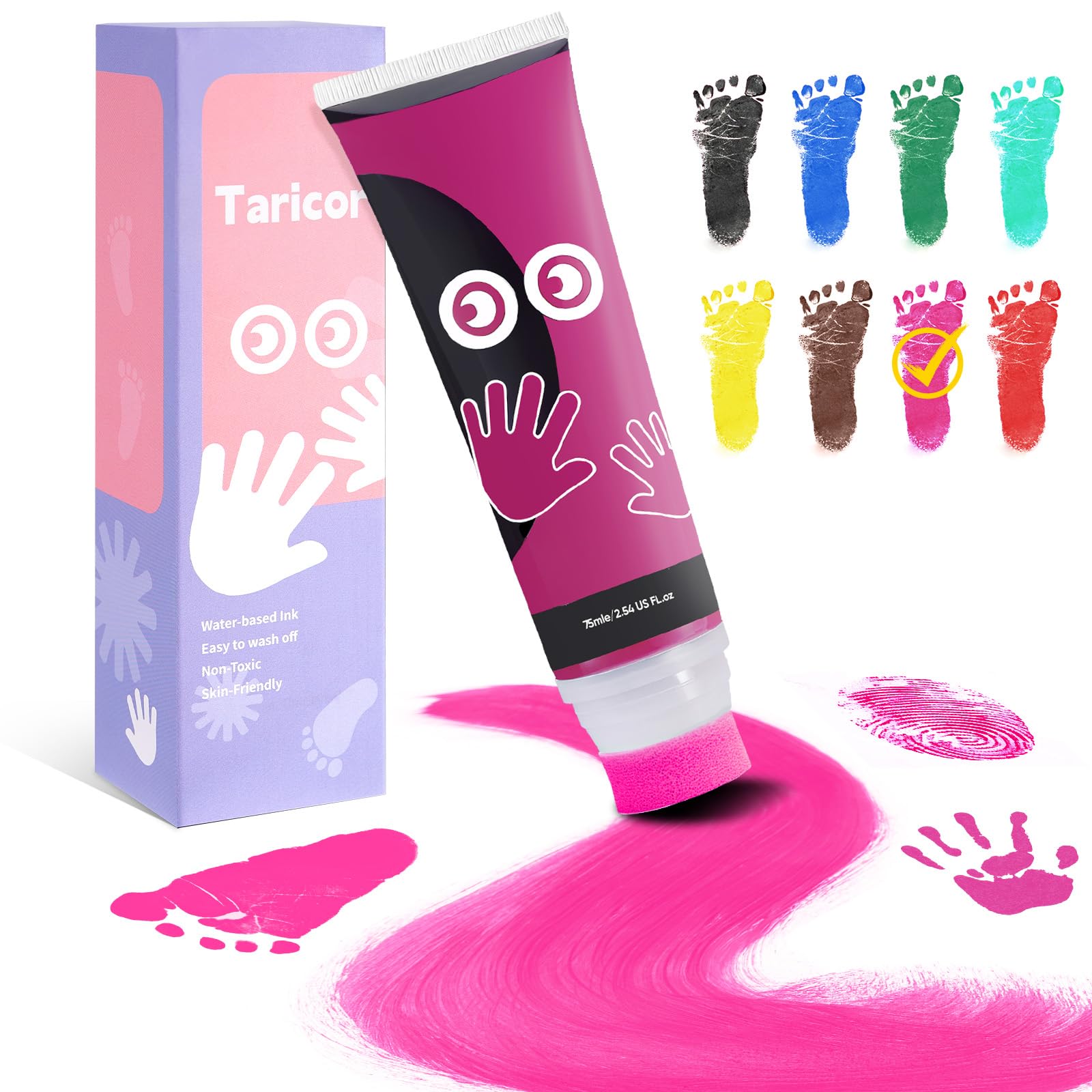 Taricor Baby Fußabdruck Farbe Rosa, 75ml Fussabdruck Farbig mit Schwammaufsatz, farbe handabdruck baby für für Neugeborene Geschenk, Fingerfarbe, Stempel Kinder