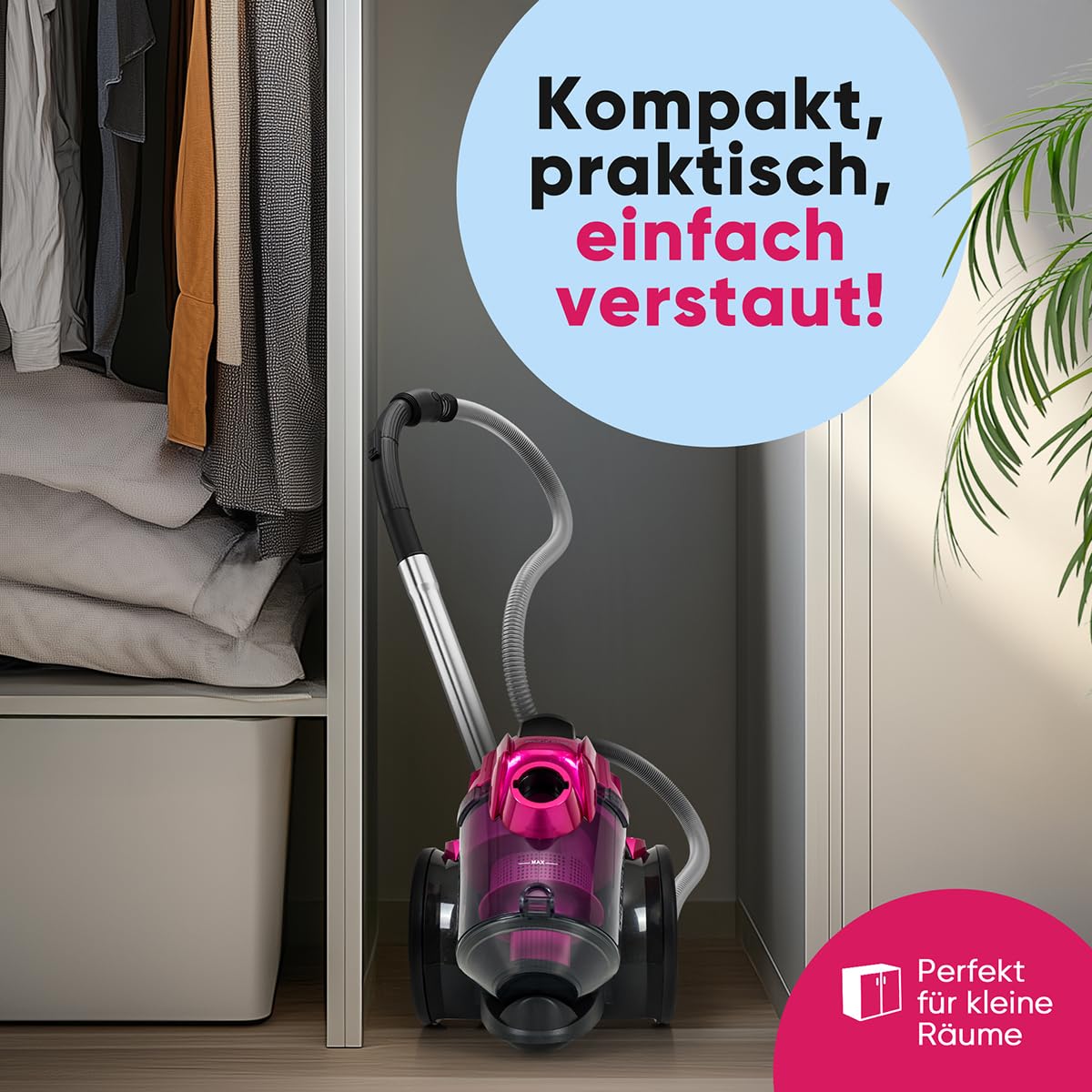 Proficare, Aspirapolvere senza sacco, 700W Rosa PC-BS3134-Rosa, Filtrazione HEPA, Tubo Telescopico, Spazzola Combinata, Risparmio Energetico, Carica Automatica, Ideale per Tutti i Tipi di Superfici