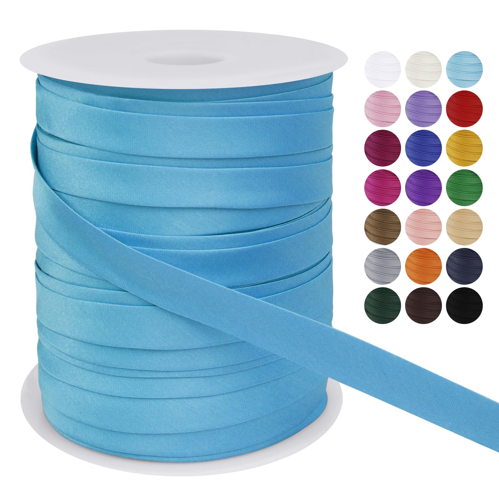 LEREATI Satin Bias Binding Tape for Sewing 3/5 Inch x 50m Sewing Bias Tape Double Fold, Upholstery Webbing Tape for Sewing, Bunting, Seaming, Quilting, Hemming (Lake Blue)