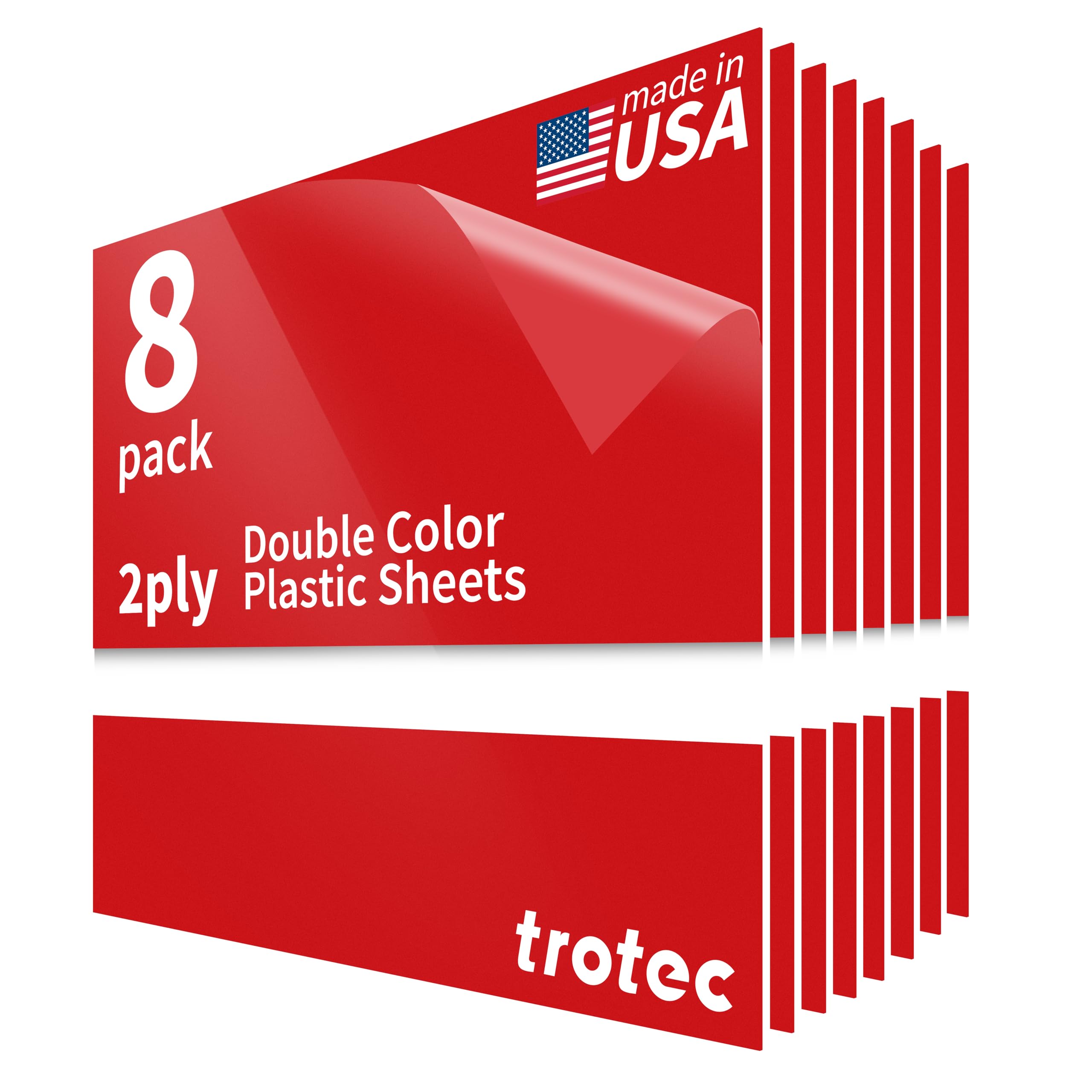 Trotec TroLase | 12"x12"x1/16", 8 Pcs | Gloss Red/White | 2 Ply | Modified Acrylic | Laser Engraving Double Color Plastic Sheet | Engraving Blanks for