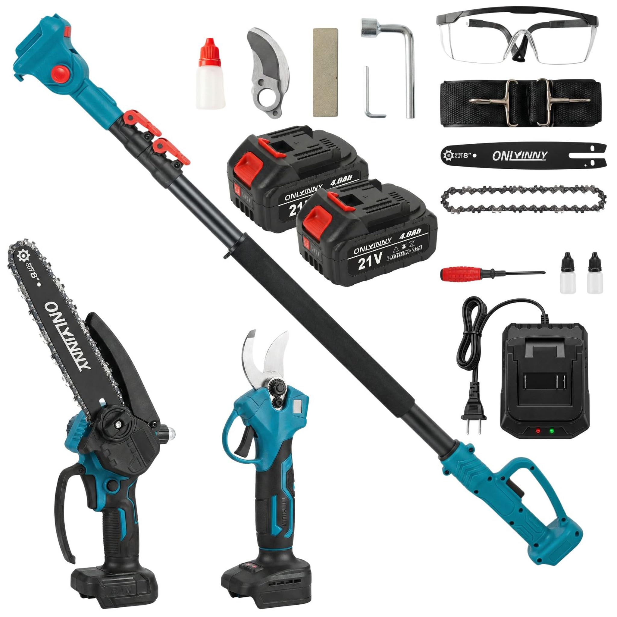 Kit 4-en-1 Tronçonneuse 8" & Sécateur Électrique, moteur brushless, 2 batteries 4Ah, perche télescopique portée 4,57m, outil élagage jardin arbres fruitiers