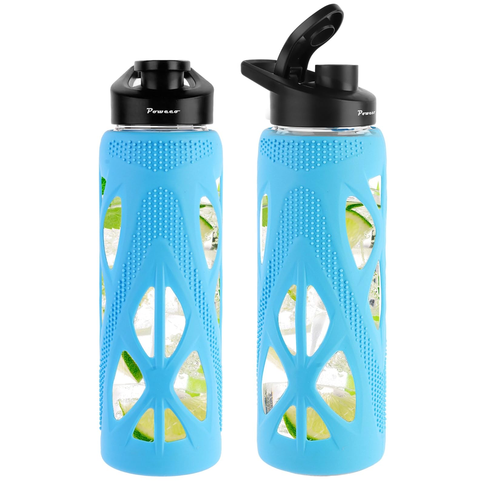 poweco 24oz Glass Water Bottle with Silicone Sleeve & Leakproof Spout Lid - 700ml Borosilicate Glass, BPA-Free, Wide Mouth with Carry Handle for Gym, Office & Outdoor Activities