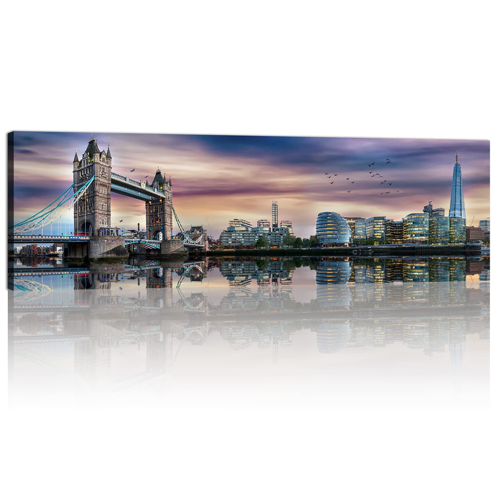 London Tower Bridge Skyline Wall Art Colorful UK Cityscape Canvas Prints Pictures City Skyscraper Building Panorama Wall Decor Modern Artwork for Living Room Bedroom Office Home Decorations 14x48"
