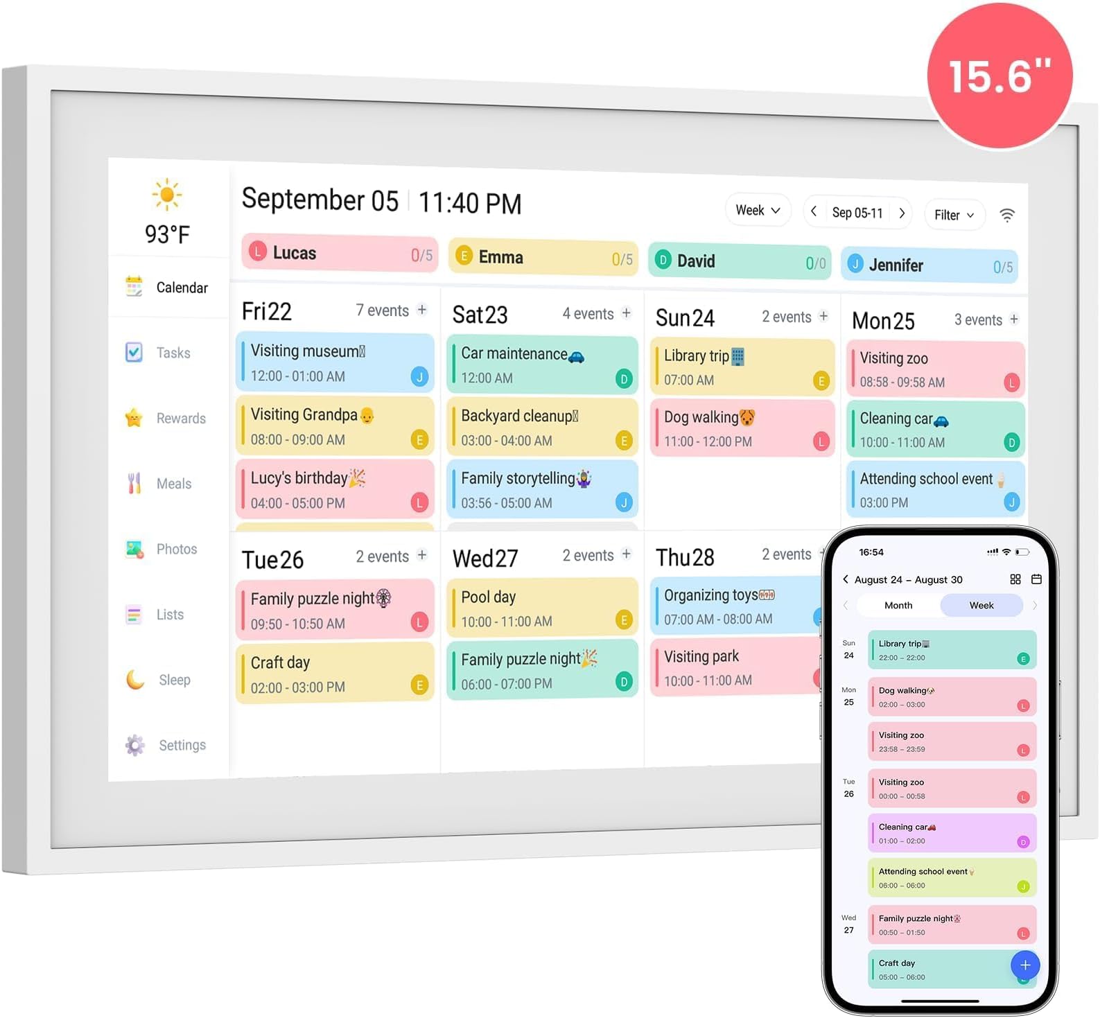 15.6-Inch Digital Calendar – Schedule, Chore Chart, Meal Planner, Task Rewards System, Family Photo Display, Syncs with Online Calendars, Horizontal, Vertical & Wall-Mount (white)