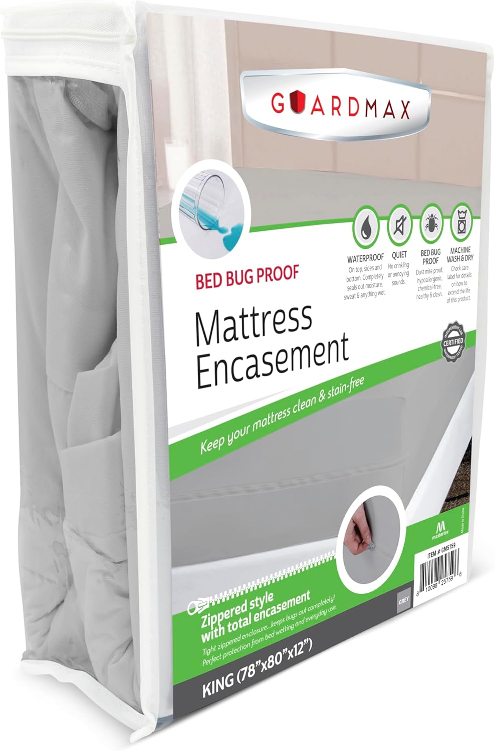 Guardmax Jersey Knitted King Zippered Mattress Encasement - Waterproof & Bed Bug Proof Mattress Protector - Comfortable, Soft, and Noiseless Zippered Bedding - Dust Mite Proof (78 x 80 x 12) King Gray