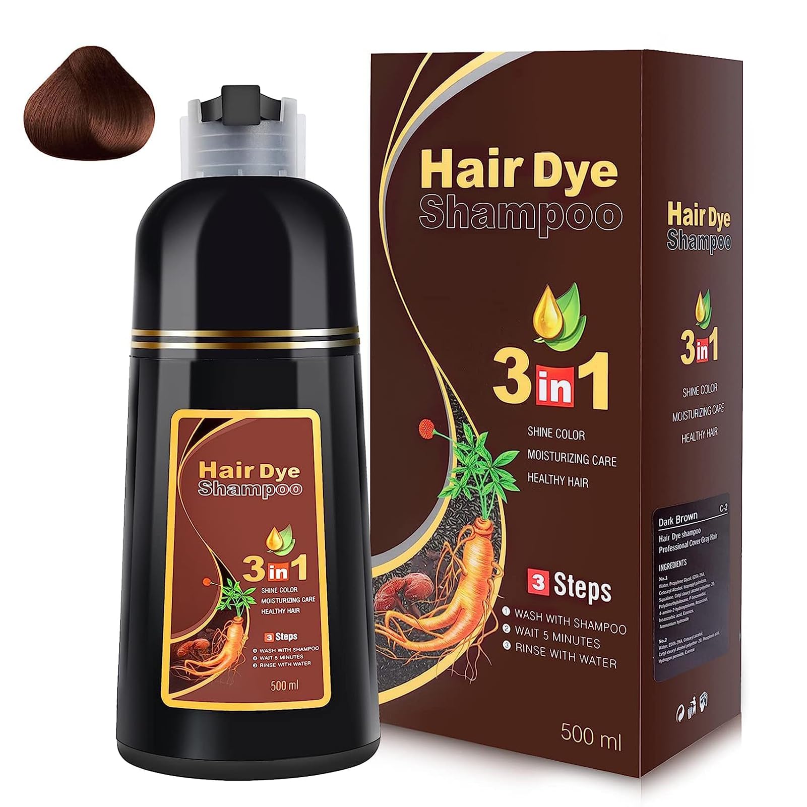 Black Hair Shampoo, Haarfärbeshampoo 3 in 1, Halbpermanente Haarfarbe, 100% Graue Haare Abdecken, Haarfärbemittel für Frauen und Männer, 500ML Haarfarbe Schwarz (DarkBrown)