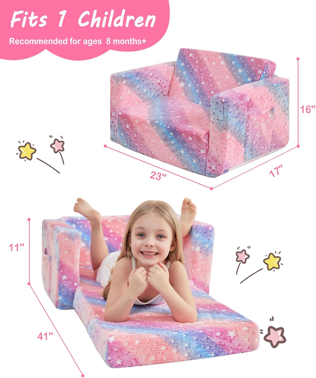 Toddler Couch, 2-in-1 Soft Kids Couch Bed Fold Out, Toddler Chairs Comfy for Boys & Girls, Convertible Kids Sofa to Lounge for Playroom, Gift for Birthday, Children's Day- Glow Star - Image 2