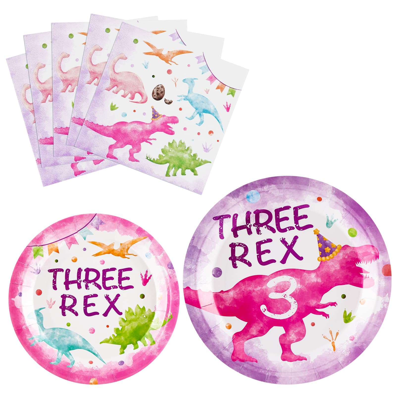WERNNSAI Three Rex Birthday Decorations - 48 PCS 3rd Plates and Napkins Pink Dinosaur Birthday Decorations Dino Party Supplies Dinosaur Party Favors