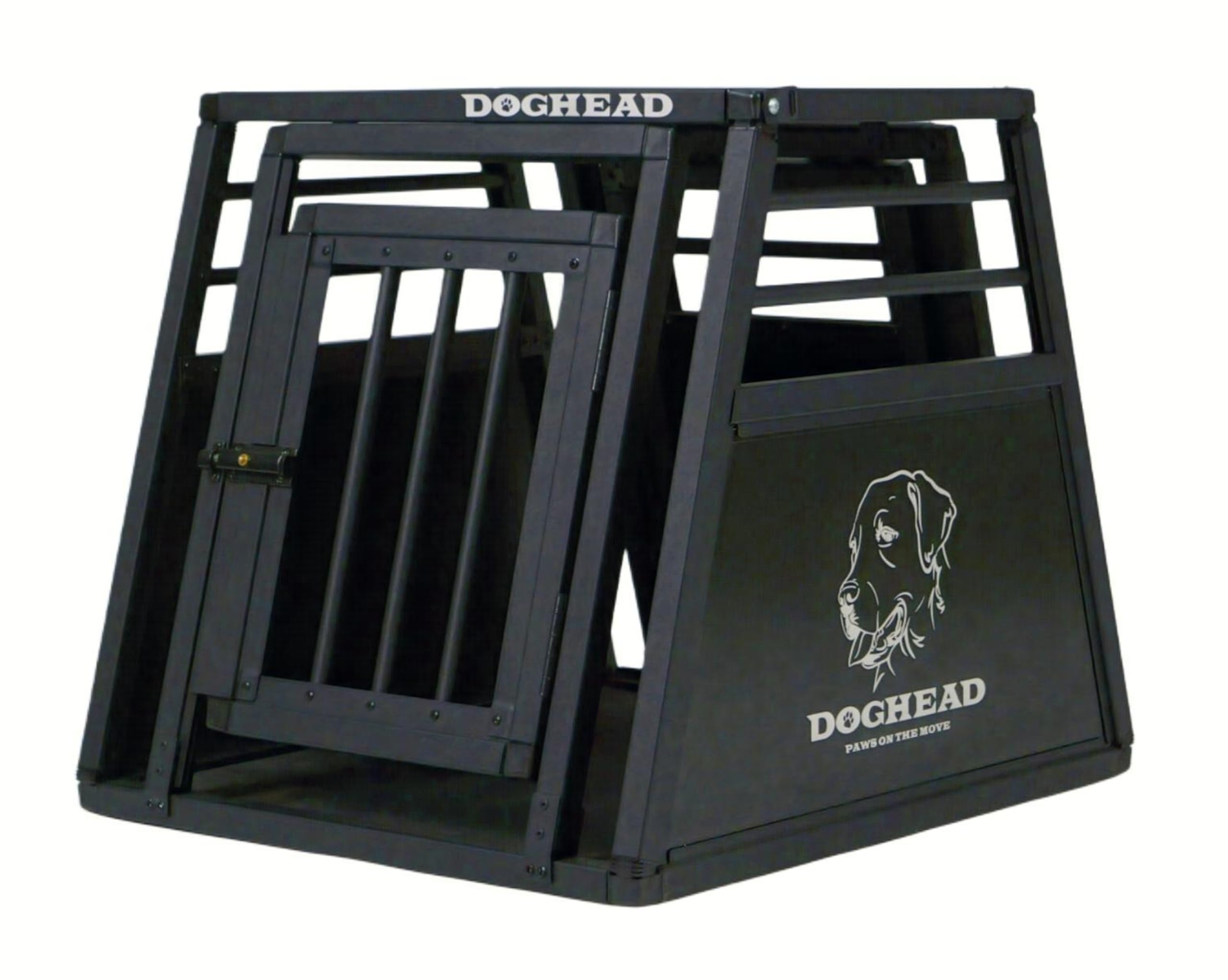 DOGHEAD Hundetransportbox Proline, Single 55x65x55 cm, Schwarz, Aluminium, Beidseitig Abgeschrägt 75°, mit Notausstieg