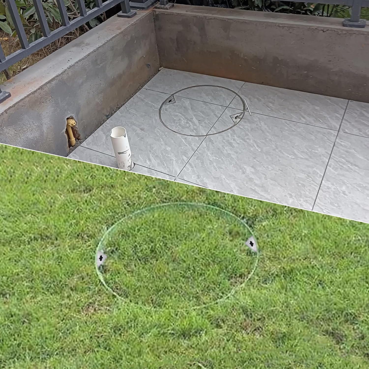 Generico Coperchio e Telaio per pozzetto di ispezione Incassato in Acciaio Inox Resistente, Coperchio Invisibile per pozzetto di Raccolta acque reflue per patii e Giardini, Diametro 600 mm.