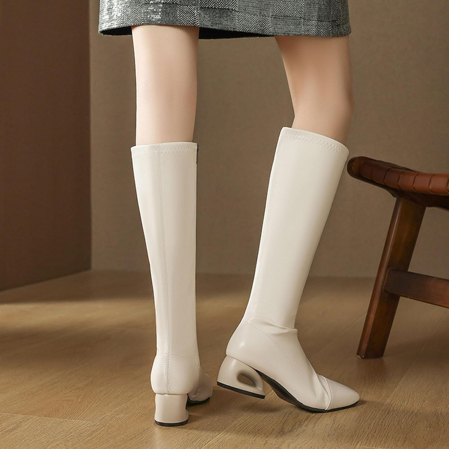 Fall Tall Boots for Lady:Elegant Leather Zipper Knee Length Booties Comfy Lightweight Winter Warm Footwear Work Outdoor Party Wedding