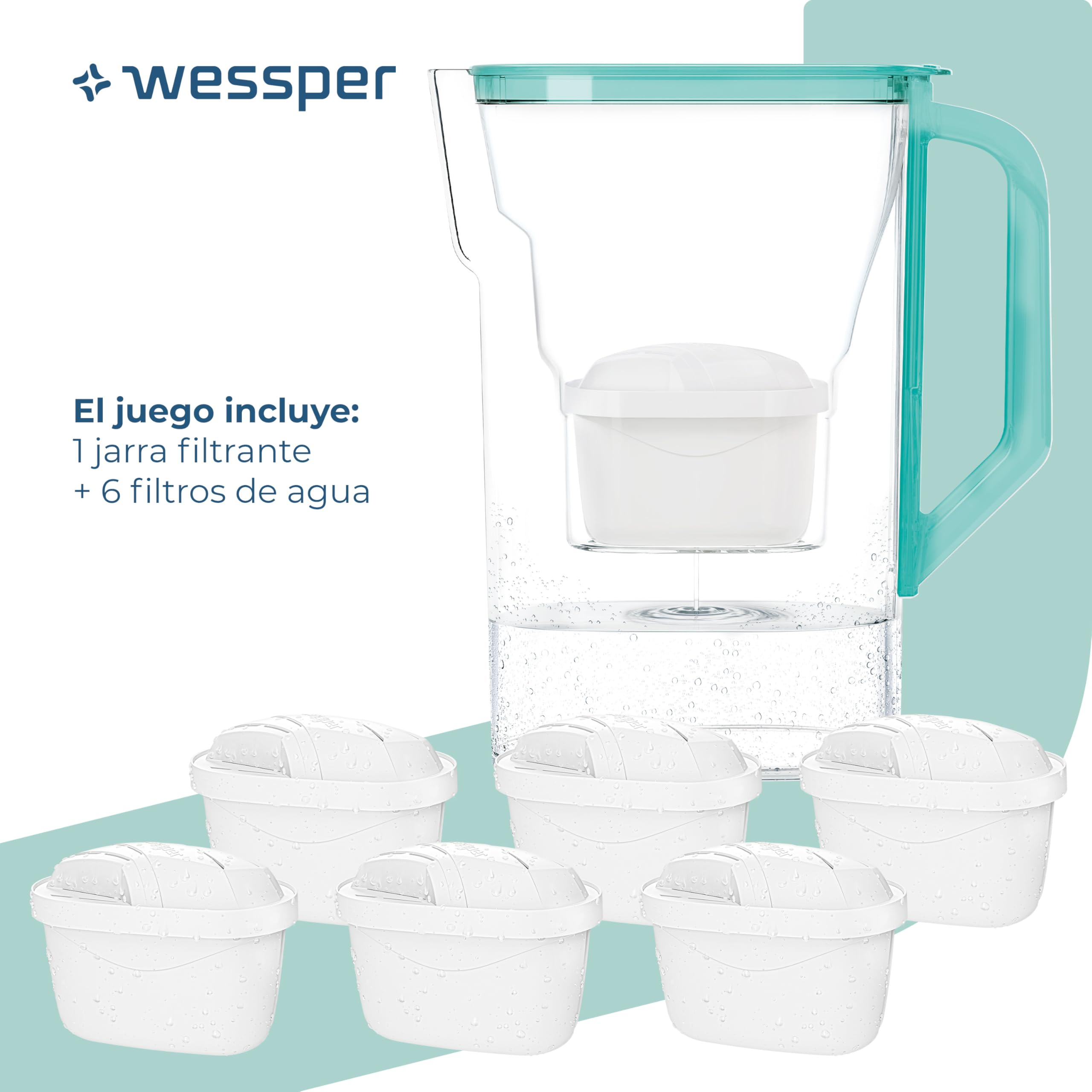 Wessper Jarra Filtradora Agua con Filtros, Jarra para Puerta de Frigorífico de 2,7 Litros, Filtro con Carbón Activo y Resina de Intercambio Iónico, Jarra y Juego de 6 Cartucho - Menta