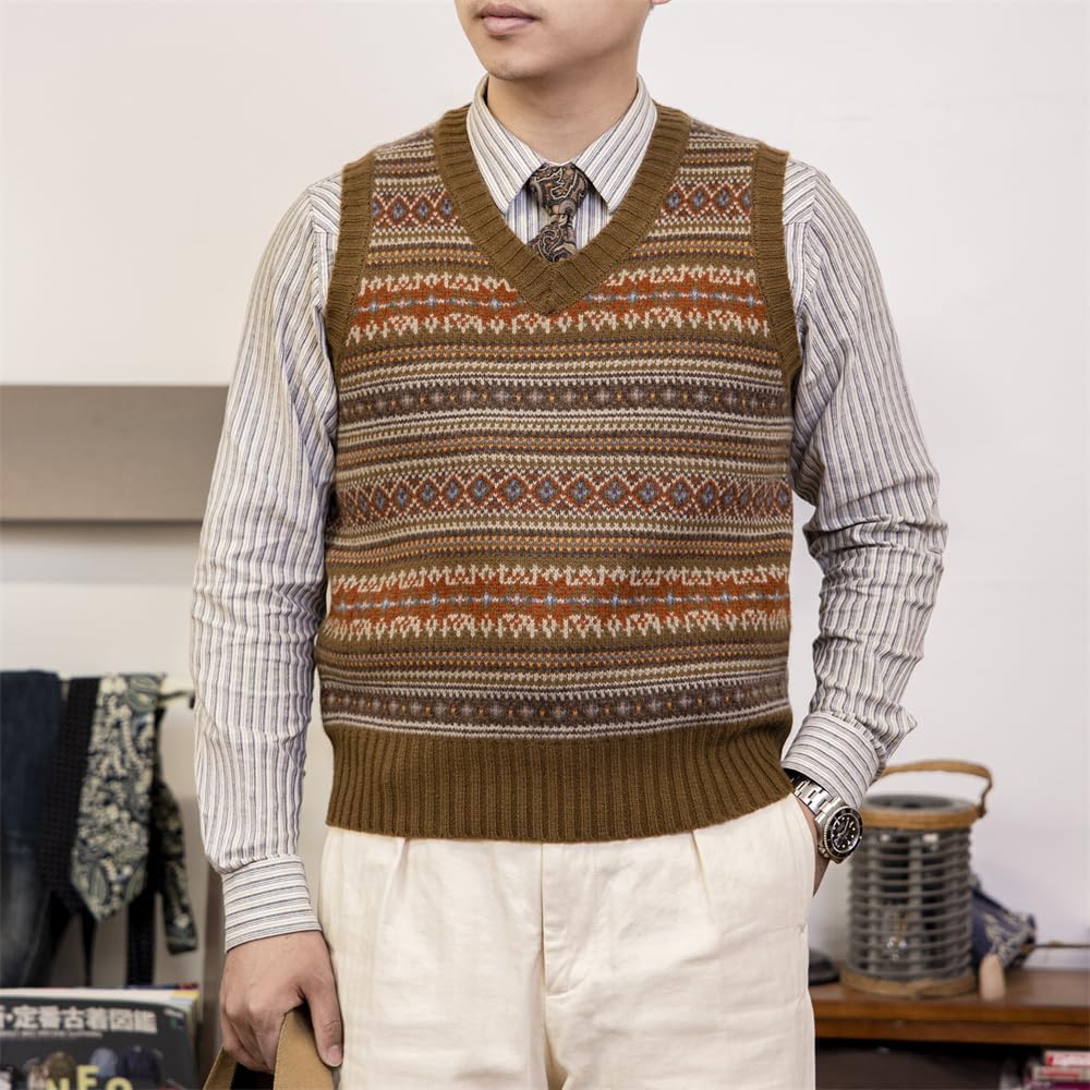 Red Tornado Fair Isle 100% Wool Knitted Vest Multicolor at Amazon