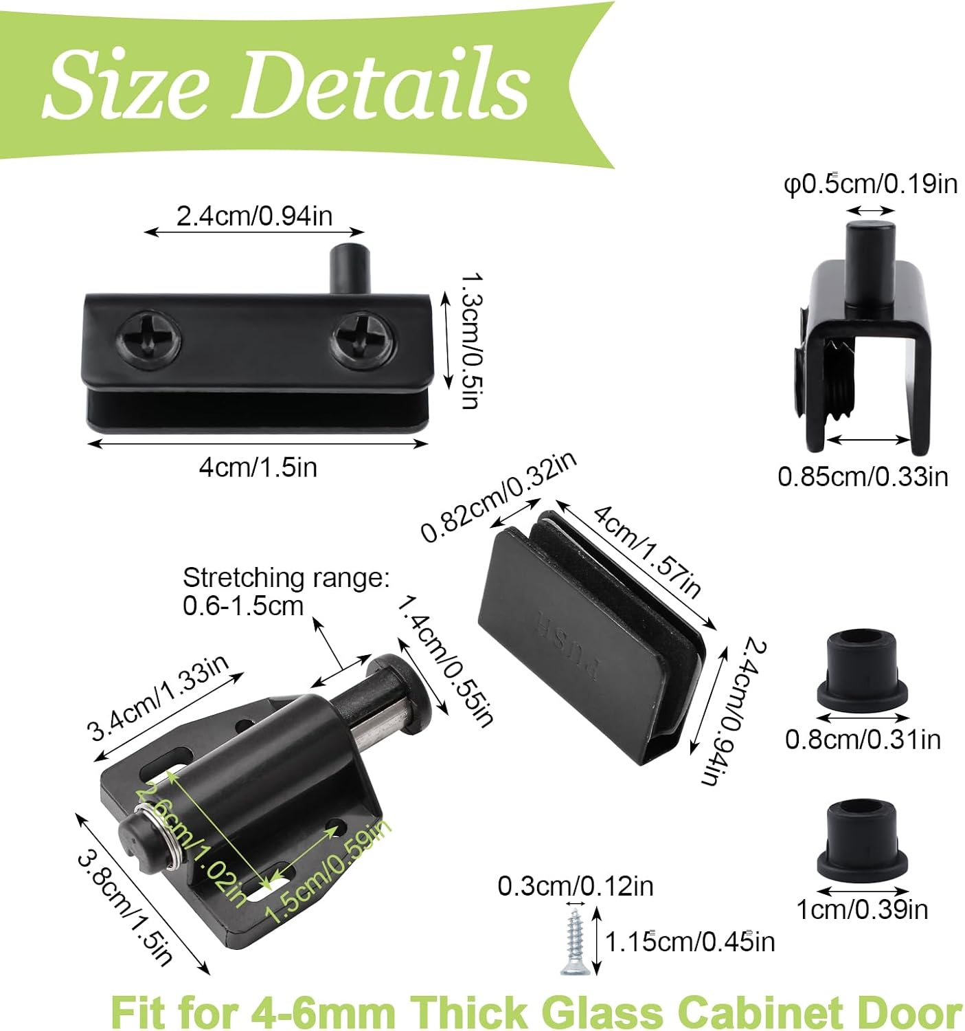 8Pcs Black Frameless Glass Door Pivot Hinges & 4 Set Single Door Magnetic Latches with Adjustable Cabinet Clips, Suitable for 4-6mm Swinging Glass Doors(Black)