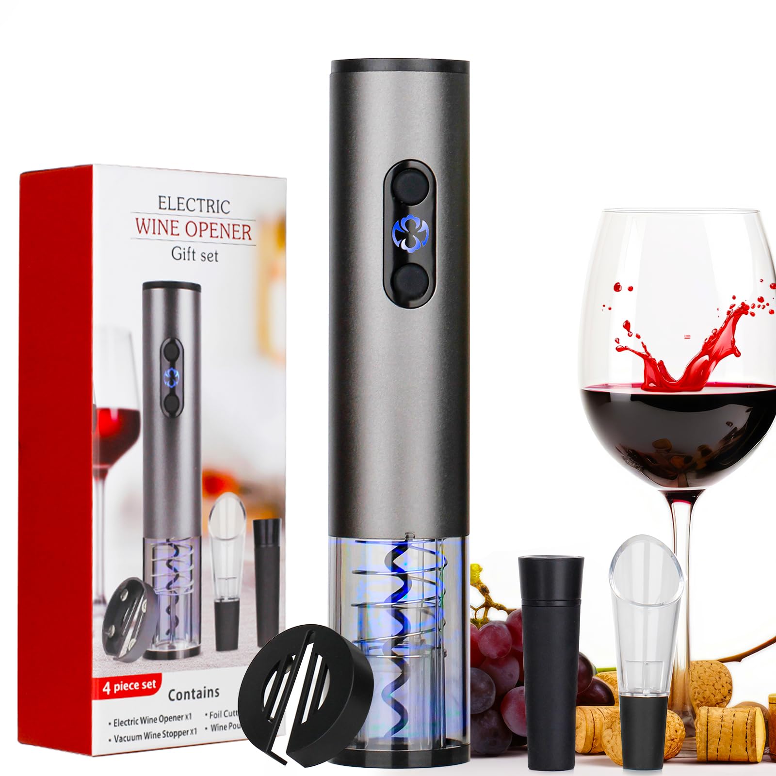 Juego de abridor de vino eléctrico, sacacorchos de vino automático recargable con cortador de papel de aluminio, tapón al vacío, vertido de vino para bodas, fiestas, regalos en el hogar (plateado)