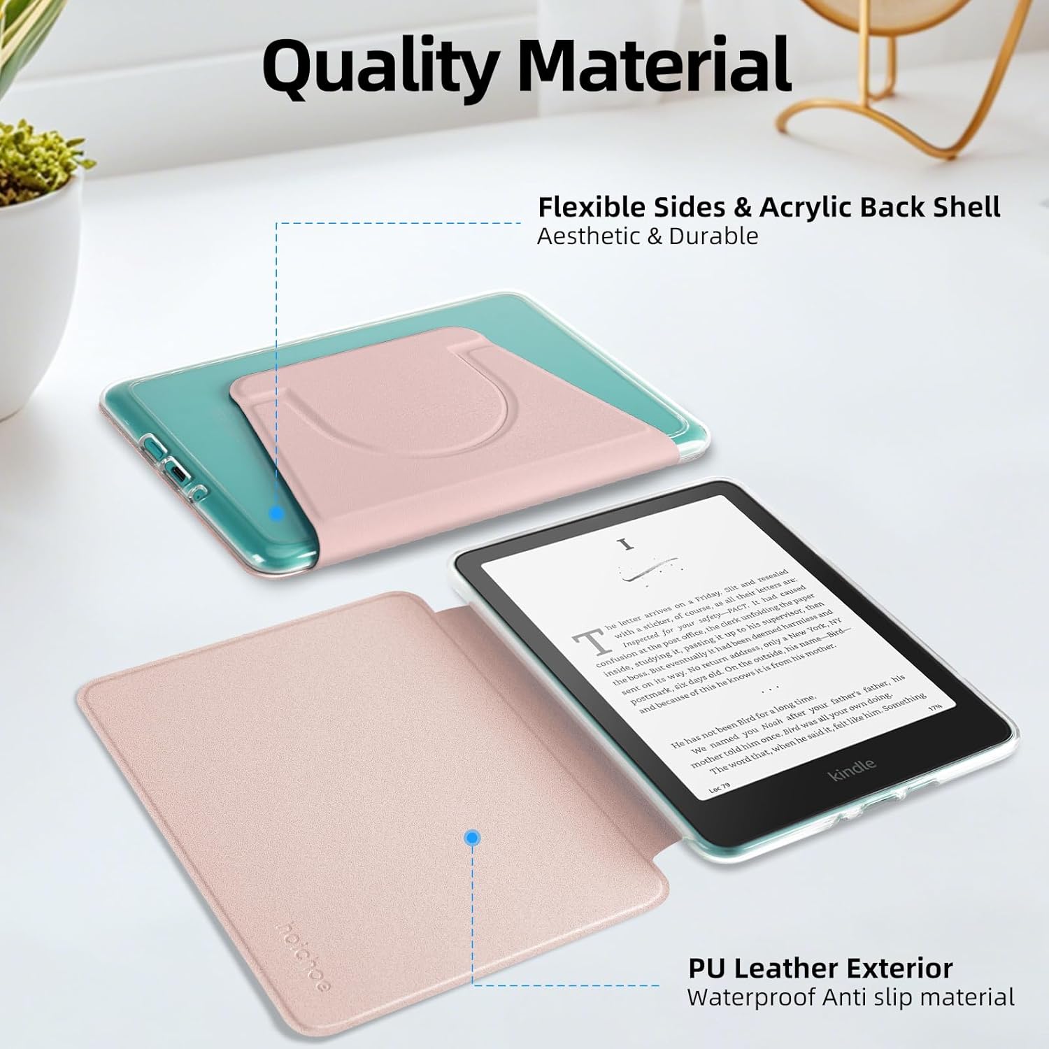 360° Rotating Case for All-New 7" Kindle Paperwhite 12th Gen 2024 & Kindle Colorsoft SE, PU Leather Magnetic Detachable Stand Cover, Clear Hard Back Shell, Auto Sleep/Wake, Sakura Pink