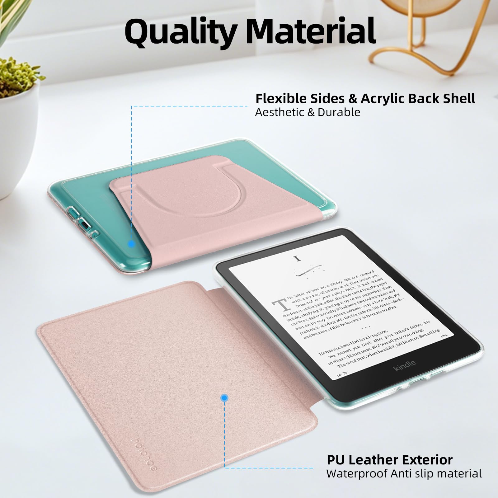 Obracane o 360° etui do zupełnie nowego 17.8 cm Kindle Paperwhite 12. generacji 2024 i Kindle Colorsoft SE, magnetyczny zdejmowany stojak ze skóry PU, przezroczysta twarda tylna obudowa