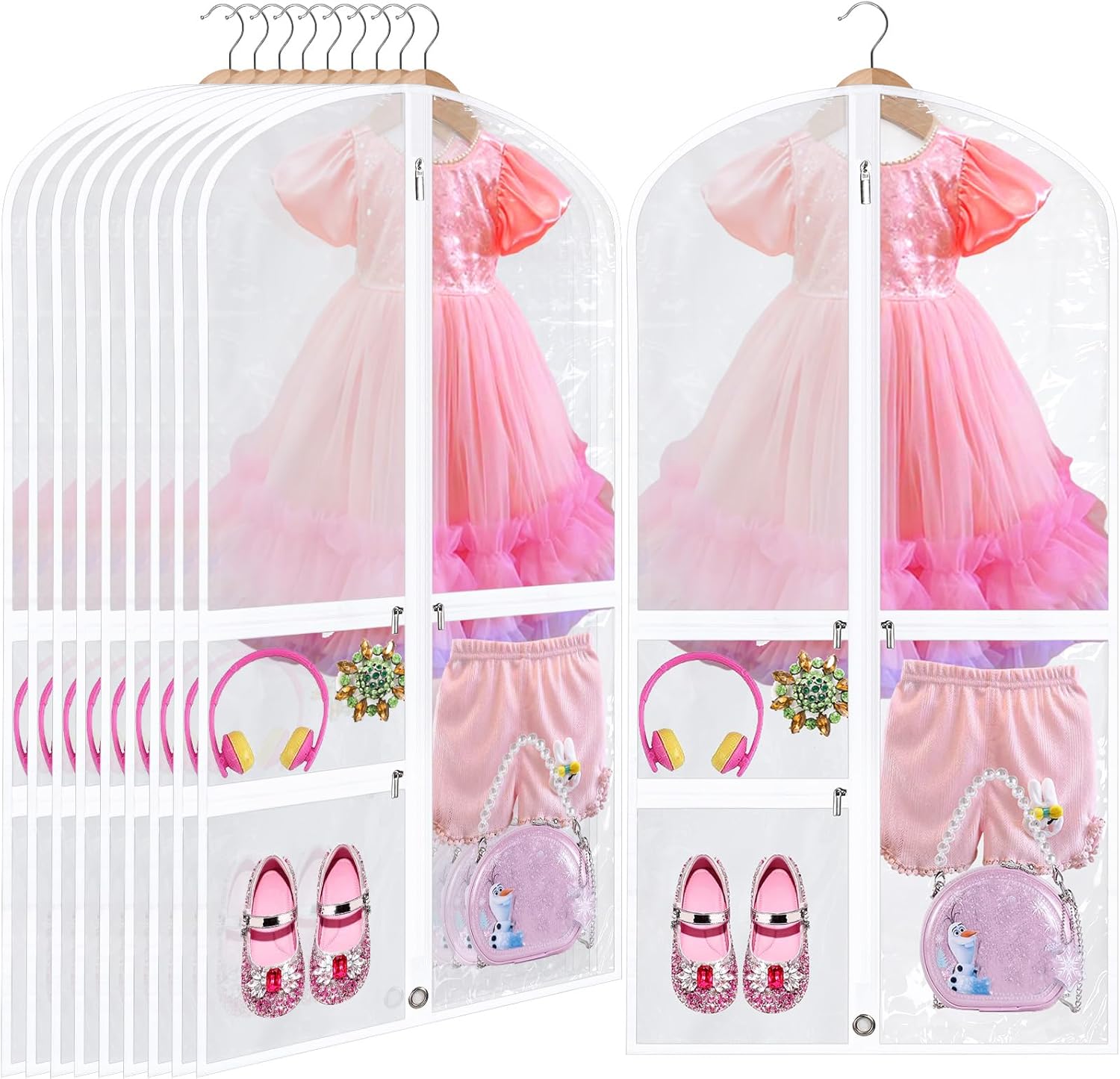 Windyun 10 Pack Garment Bags for Dance Costumes Kids 40 Inch Clothing Bags Hanging Clothes with 3 Clear Zipper Pocket Waterproof Garment Cover for Dance Competition, Travel, Closet Storage(Black)