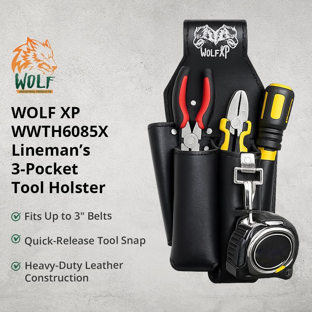 Wolf XP WWTH6085X Lineman’s Heavy-Duty Genuine Leather 3-Pocket Tool Holster Pouch w/Quick Release Tool Snap