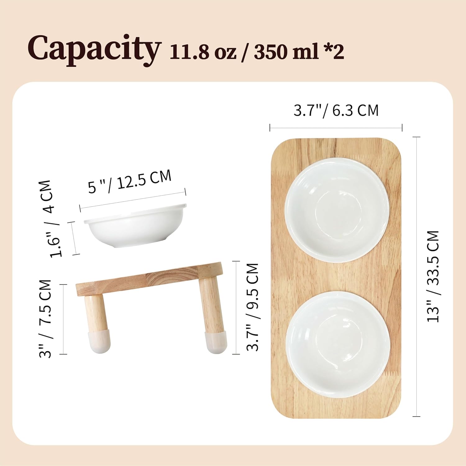 11.8 oz Elevated Ceramic Double Cat Bowl Set - Modern Lead-Free Feeder with Natural Oak Wood Stand (Oak Stand & 2 White Bowls)