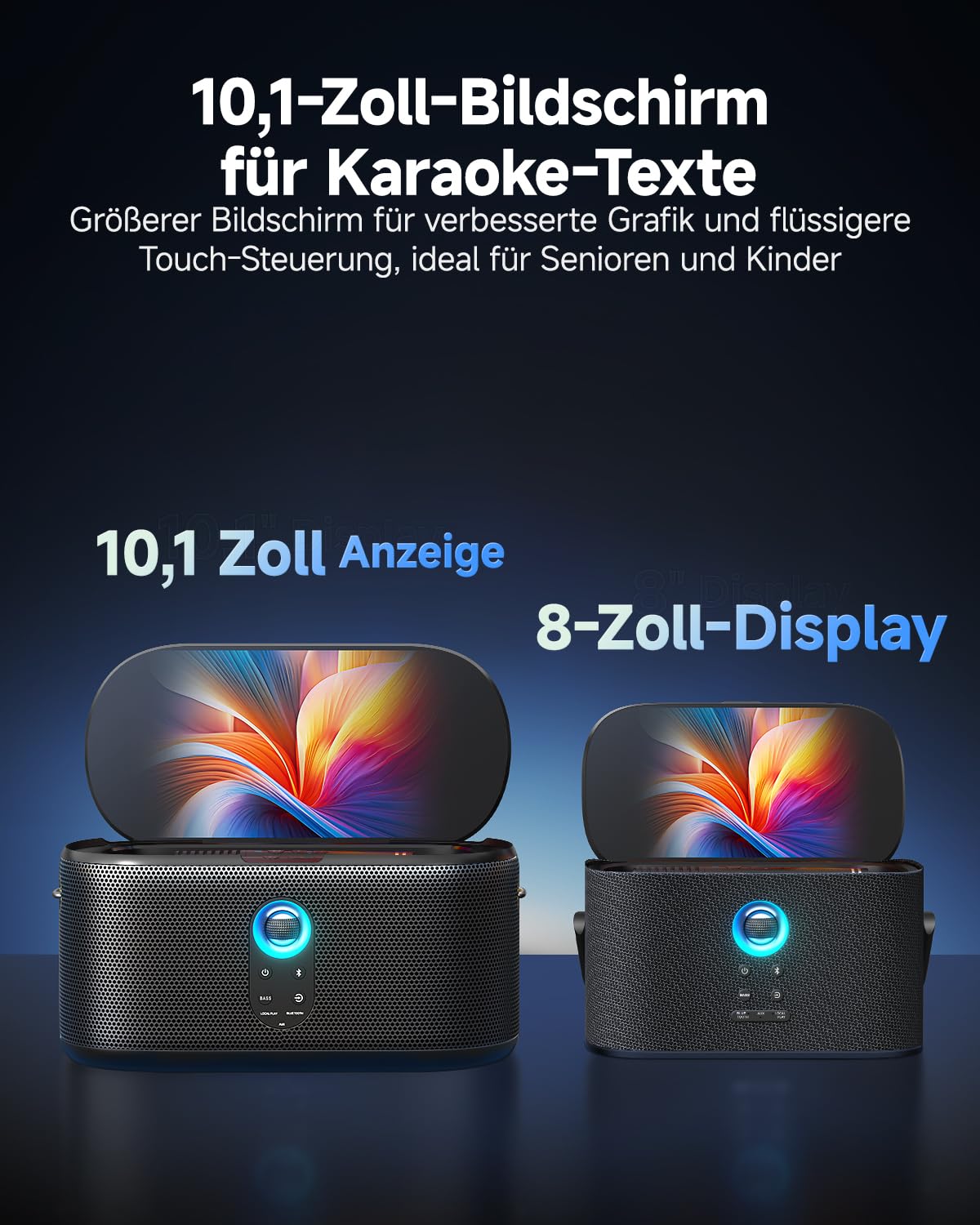 Ikarao Karaoke-Maschine mit integriertem Bildschirmdisplay, Bluetooth, kabellosen Mikrofonen & Partylicht - Perfekt für Kinder, Erwachsene & Outdoor-Aktivitäten（Shell S1）