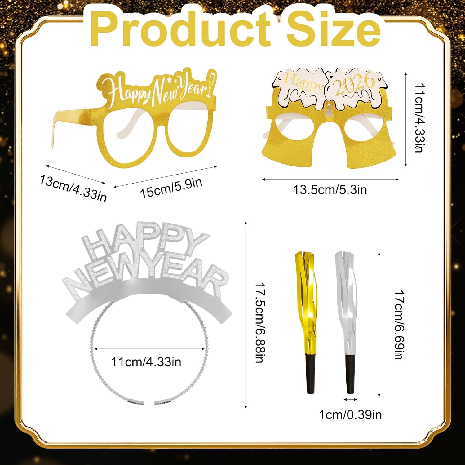 36Pcs New Years Eve Party Supplies 2026 Happy New Year Headband Tiara Glasses Metallic Fringed Noise Makers 2026 for Adults - Image 2