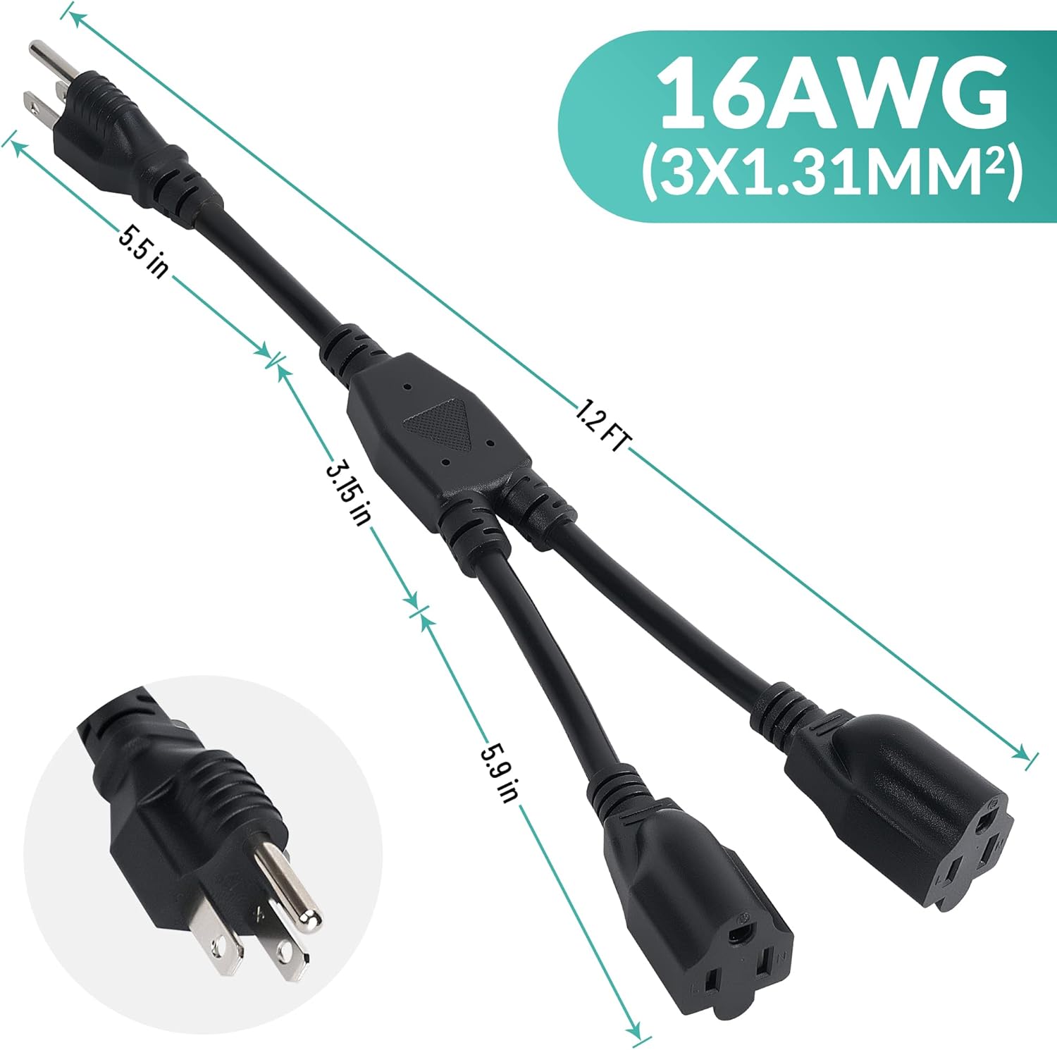 Elecan 3-Prong Y Splitter Power Extension Cord 1 FT, Straight Plug 1 to 2 Way Outlet Space Saver, Heavy Duty Weatherproof SJTW, 16AWG 13A, 5-15P Cable Extender for Indoor Outdoor-UL