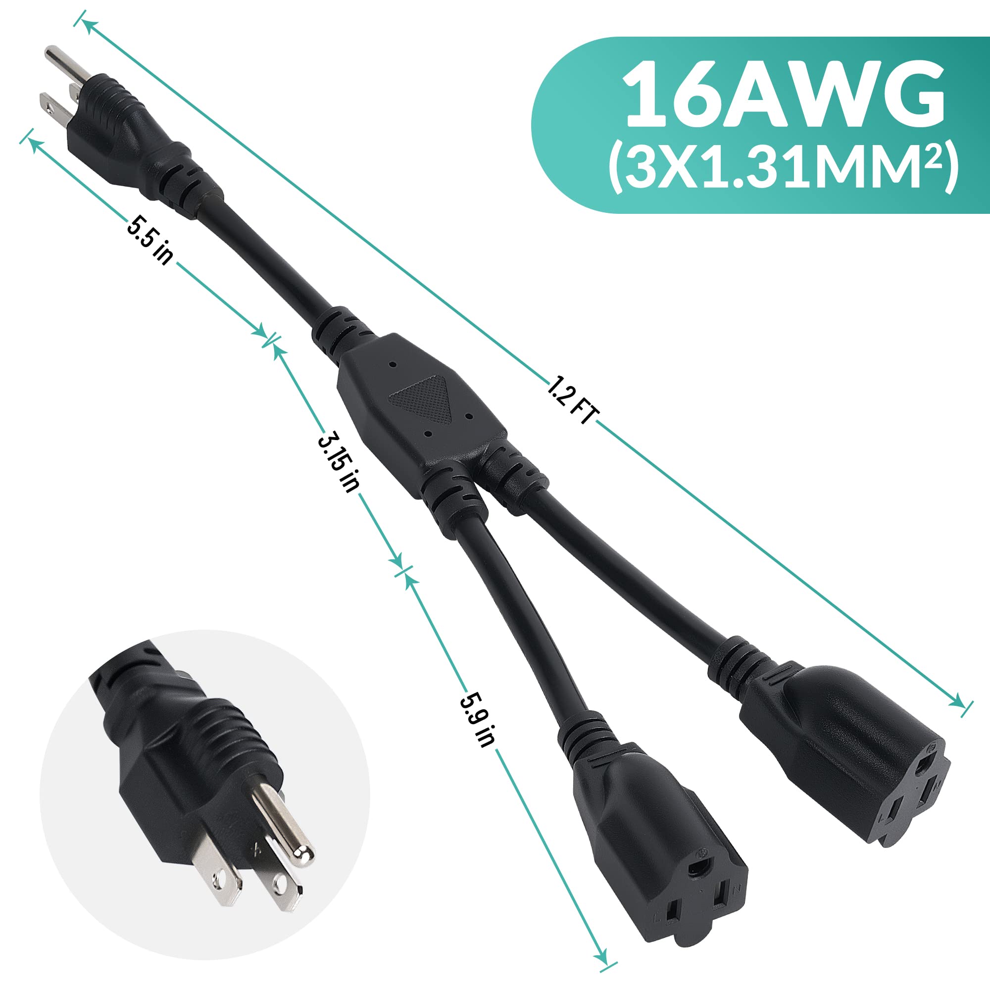 Elecan 3-Prong Power Splitter - 2 Outlets, 1 FT -6