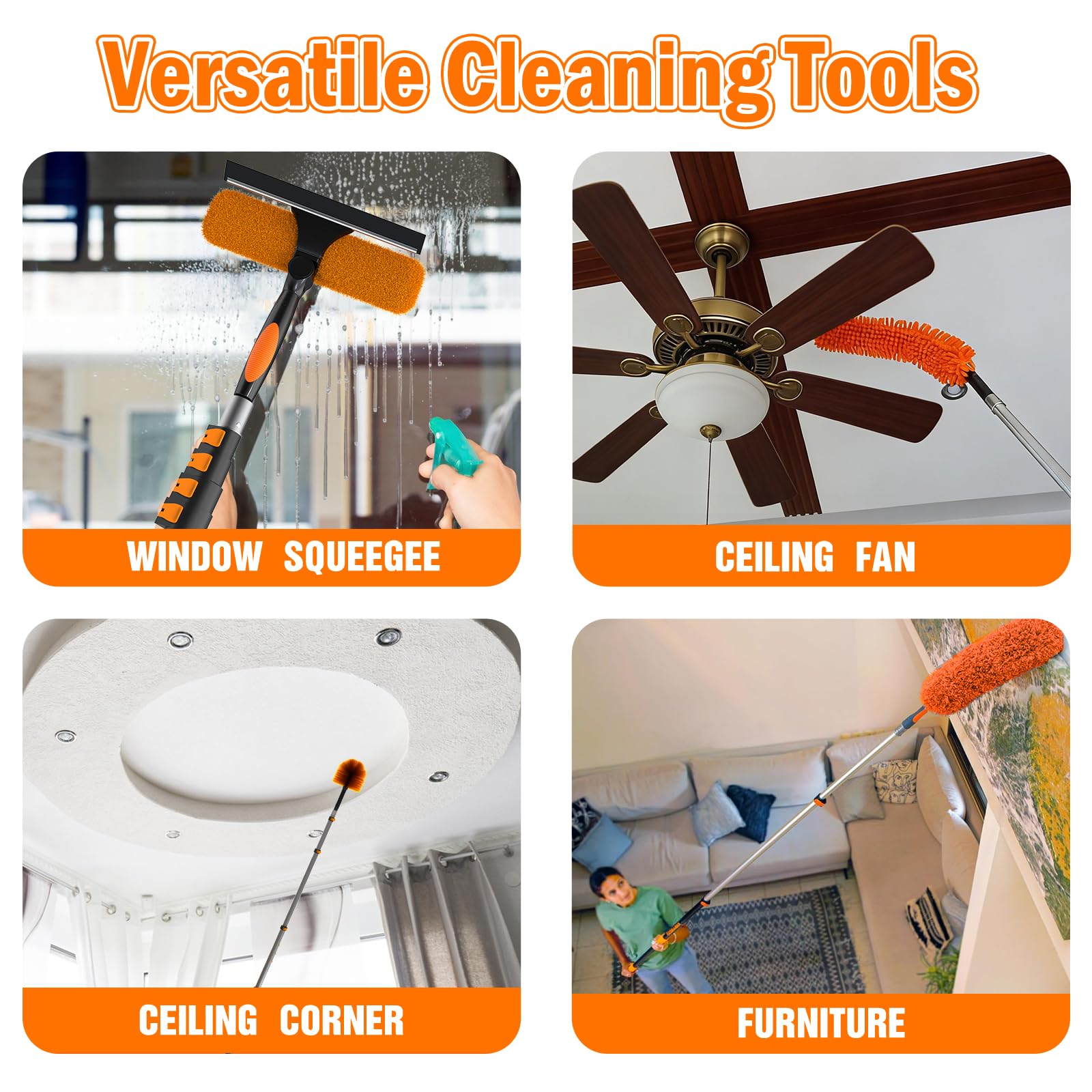 LAANPOLE Kit de Limpieza y Plumero de Gran Alcance 7,2m con Pértiga de Extensión, Herramienta para Limpiar Aspas de Ventilador de Techo, Kit de Limpieza de Cristales con Plumero