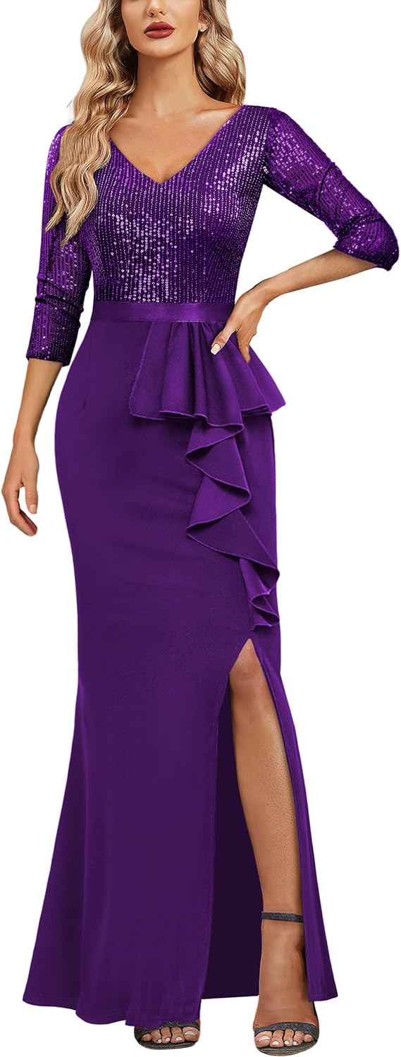 MISSMAY Women's Elegant Sequin V-Neck Evening Party Mermaid Long Dress