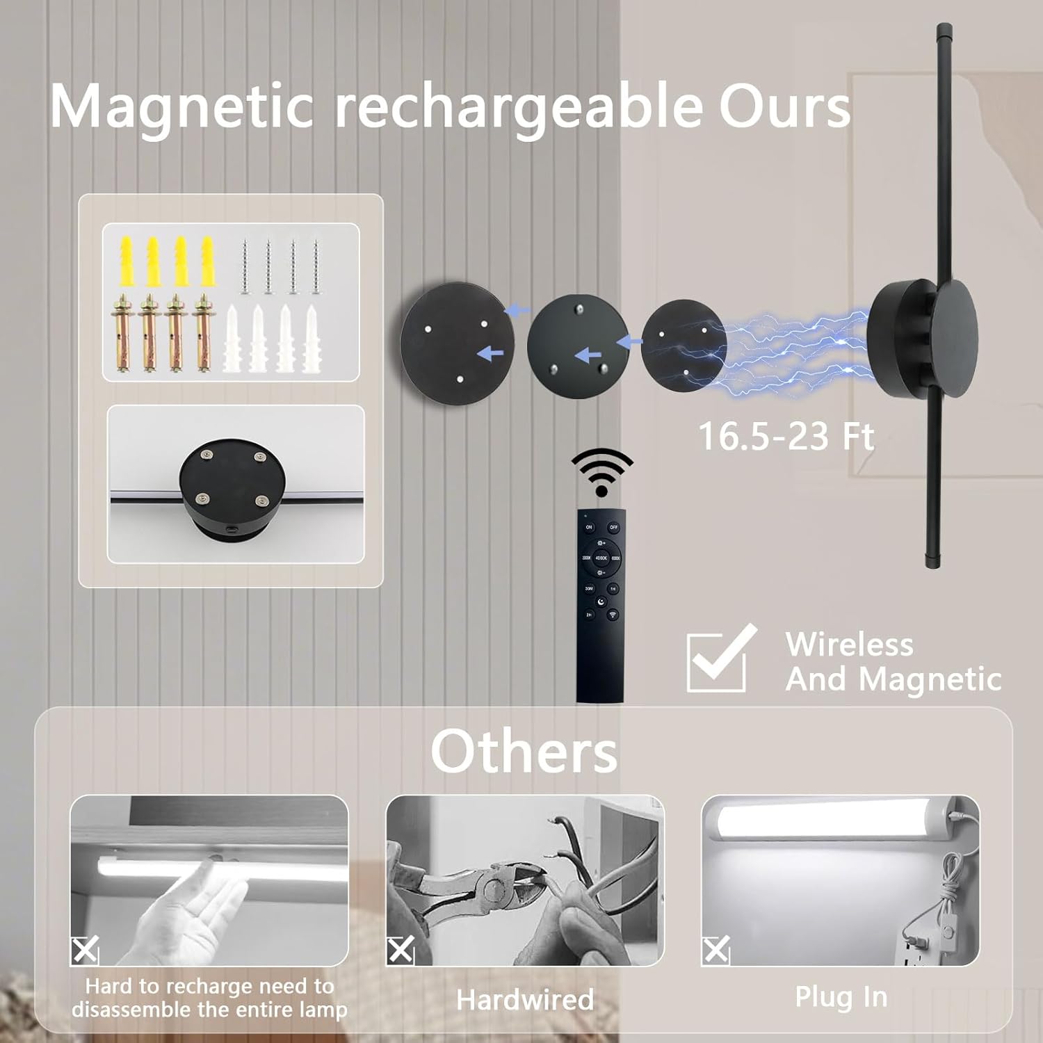 Wireless Wall Sconces Battery Operated Magnetic LED Wall Lights with Remote, Rechargeable, 360° Rotatable, 3 Color Temps, 10 Dimmable Levels, No Drill Indoor Lighting for Living Room, Bedroom 25 Inch