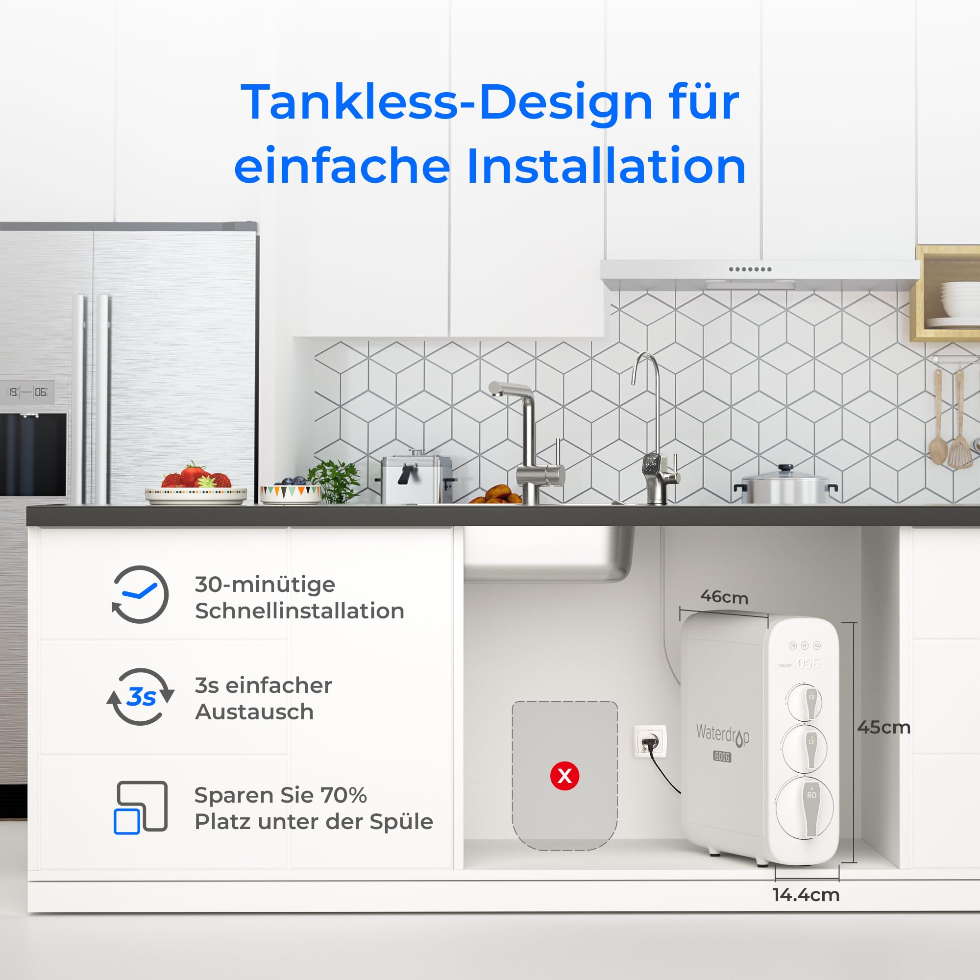 Waterdrop G3P600 Umkehrosmoseanlage, 600 GPD, 8000 Liters, Entkalkungsanlage RO System unter der Spüle, Reduziert TDS, 2:1 Rein zum Abfluss, Intelligenter LED-Wasserhahn