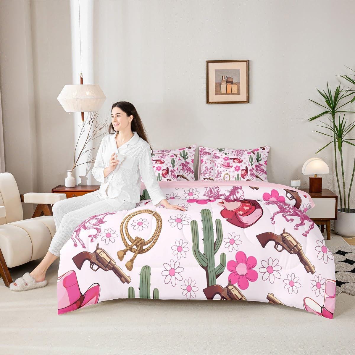 Feelyou Western Comforter Set with Sheets 7 Piece Queen Size Cowgirl Floral Bed in a Bag Kids Boys Girls Western Cowboy Boots Bedding Set Wild West Cactus Flower Bedroom Decor Pale Pink Soft