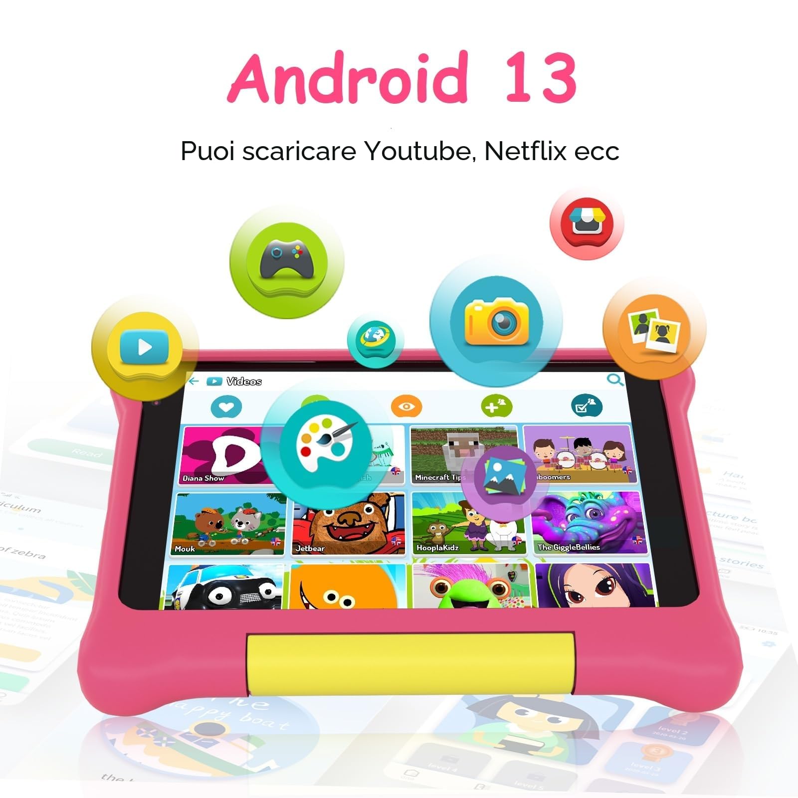 Yicty Tablet Bambini 7 Pollici Android 13 Quad Core 5 GB RAM 32 GB ROM 128 GB Estensione Controllo Parentale Tablets Educativo con Custodia Antiurto (Rosa)