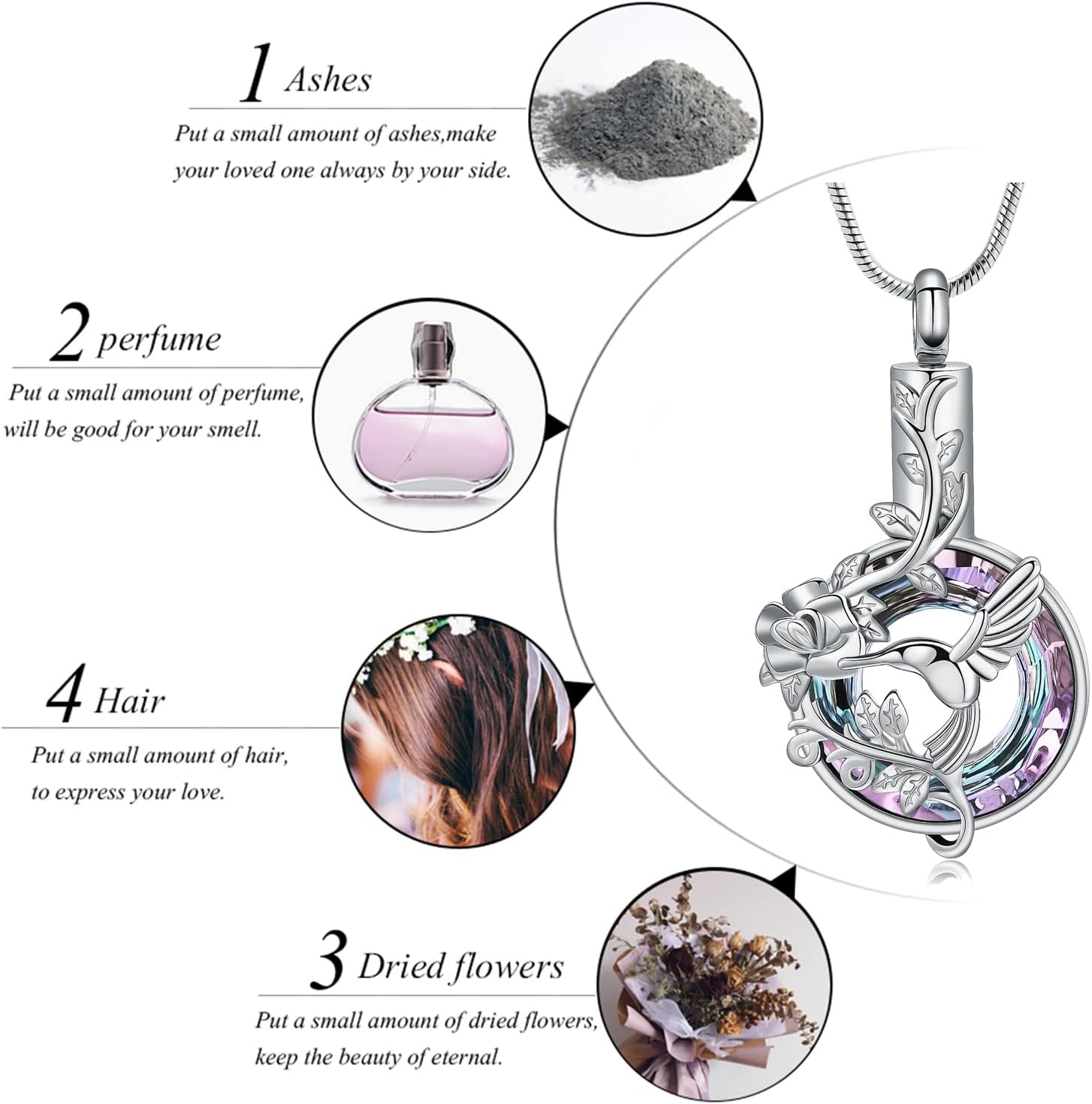 zeqingjw Crystal Hummingbird Cremation Urn Necklaces for Ashes Stainless Steel Urn Jewelry for Human Pets Keepsake Jewelry for Loved Ones - Image 5