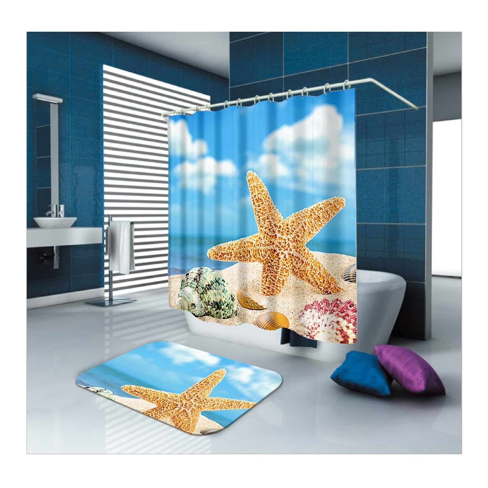 Rideau de douche anti-moisissure en polyester imperméable motif coquille de plage 90 x 180