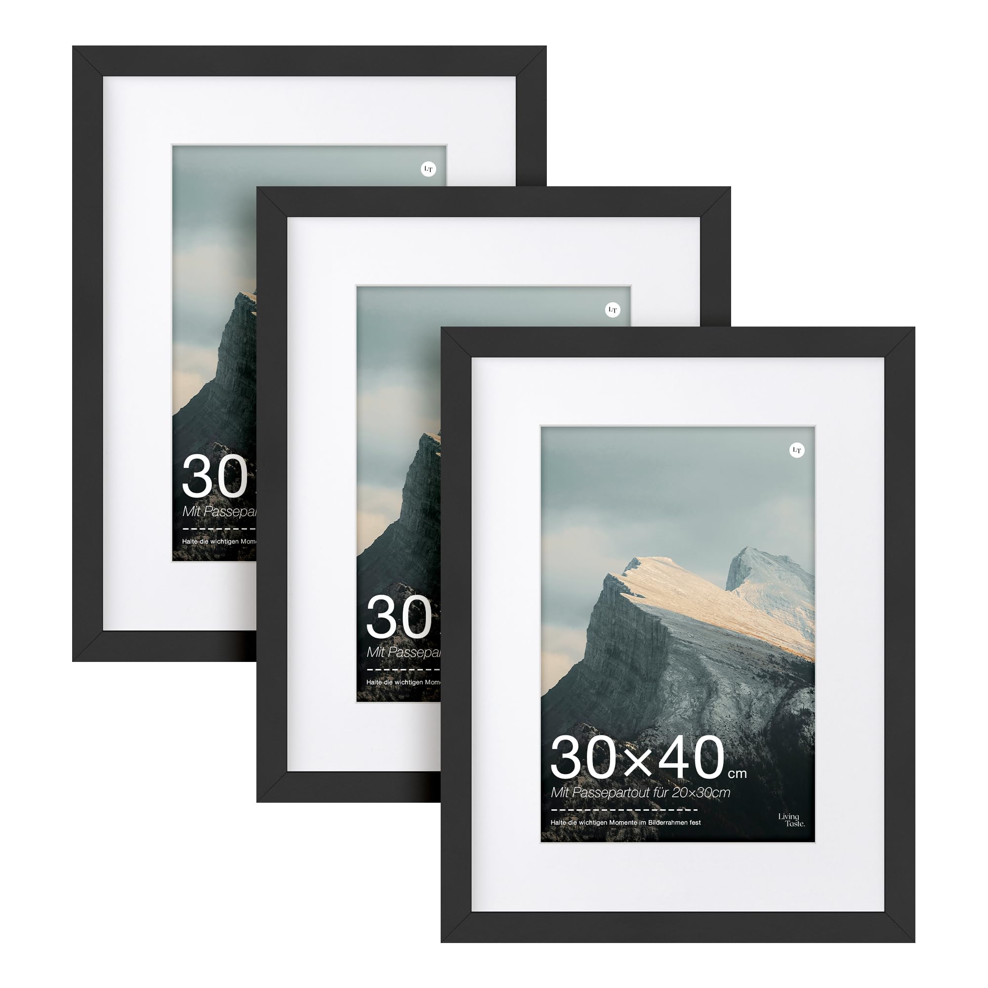 LIVINGTASTE 3 Pack Schwarz Bilderrahmen 30×40 cm MDF Rahmen mit Acrylglas | Fotorahmen mit Passepartout für 20x30 cm für Fotos Zertifikate Poster und Kunstbilder für Wohnzimmer und Büro