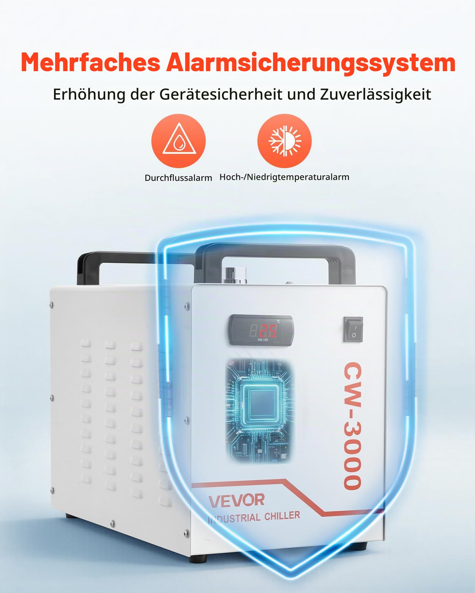 VEVOR Industrieller Wasserkühler CW-3000, luftgekühltes Kühlsystem mit 9-L-Tank, 10 L/min Durchfluss, Kühlgerät mit Hochgeschwindigkeitslüfter, für Lasergravur-&-schneidmaschinen