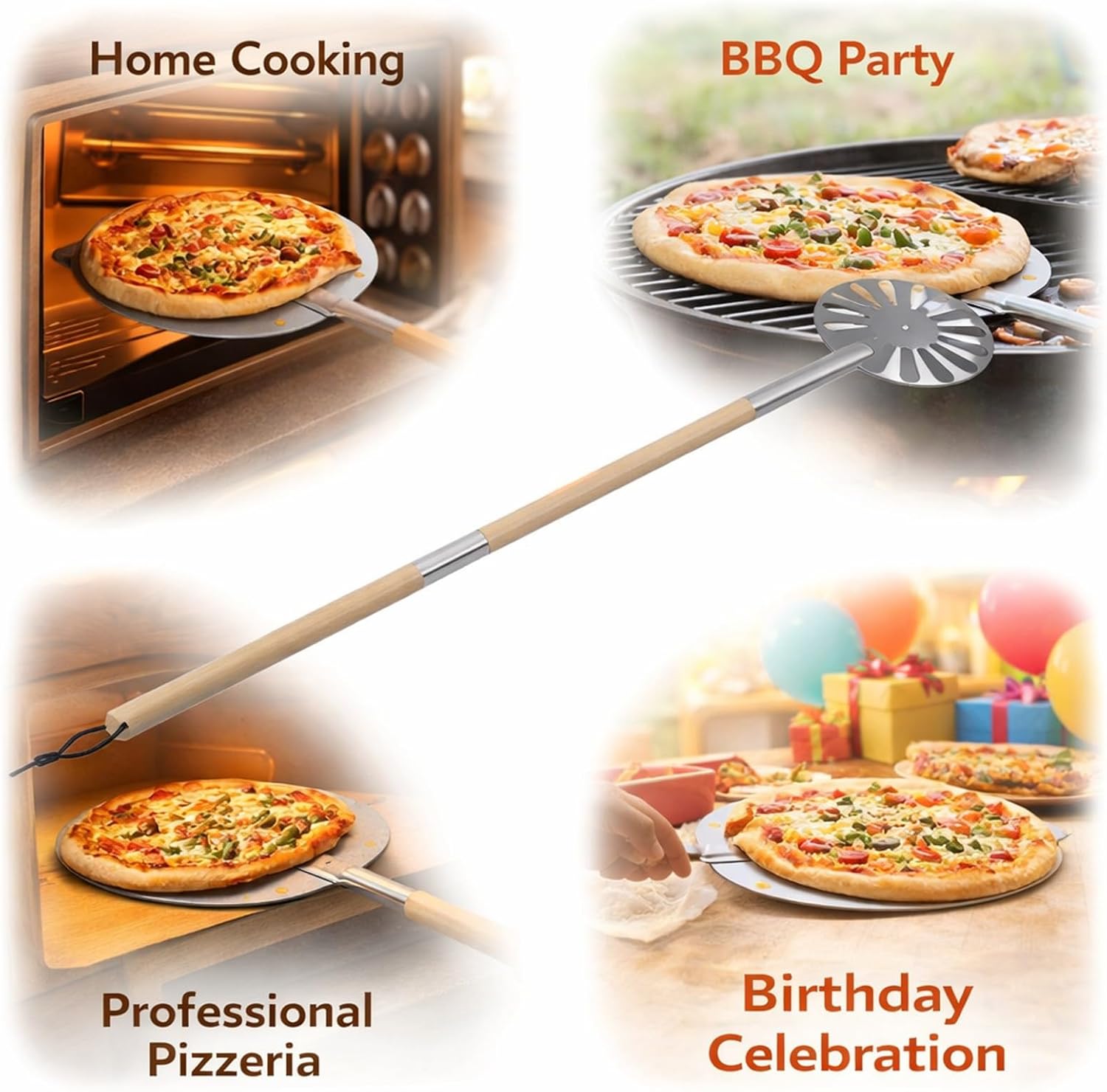 9 Inch Pizza Turning Peel, Stainless Steel Perforated Pizza Peel with Long Wooden Handle - Lightweight Durable Design, Non - Slip Grip, Ideal for Home and Outdoor Baking